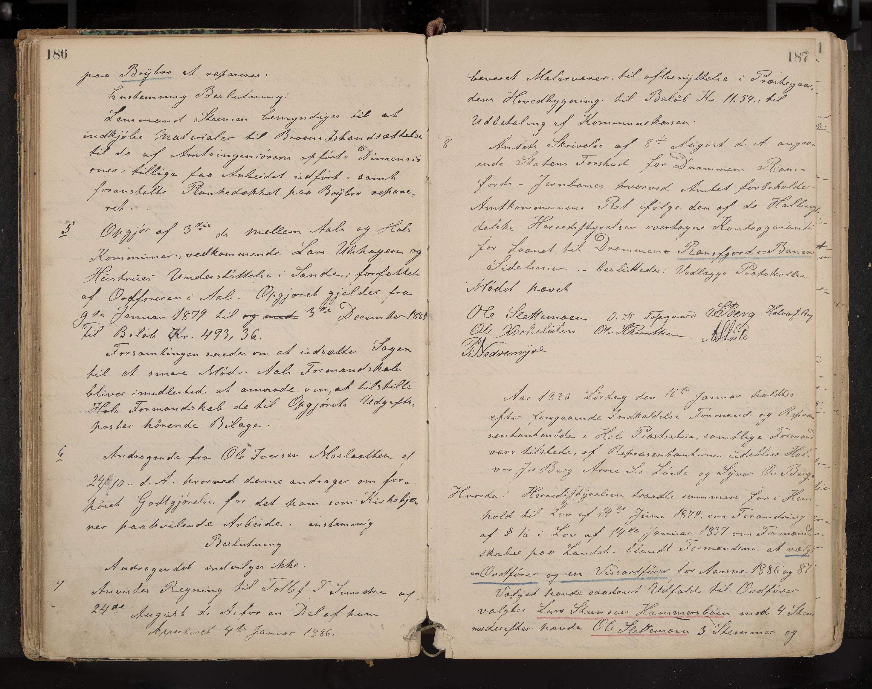 Hol formannskap og sentraladministrasjon, IKAK/0620021-1/A/L0001: Møtebok, 1877-1893, p. 186-187