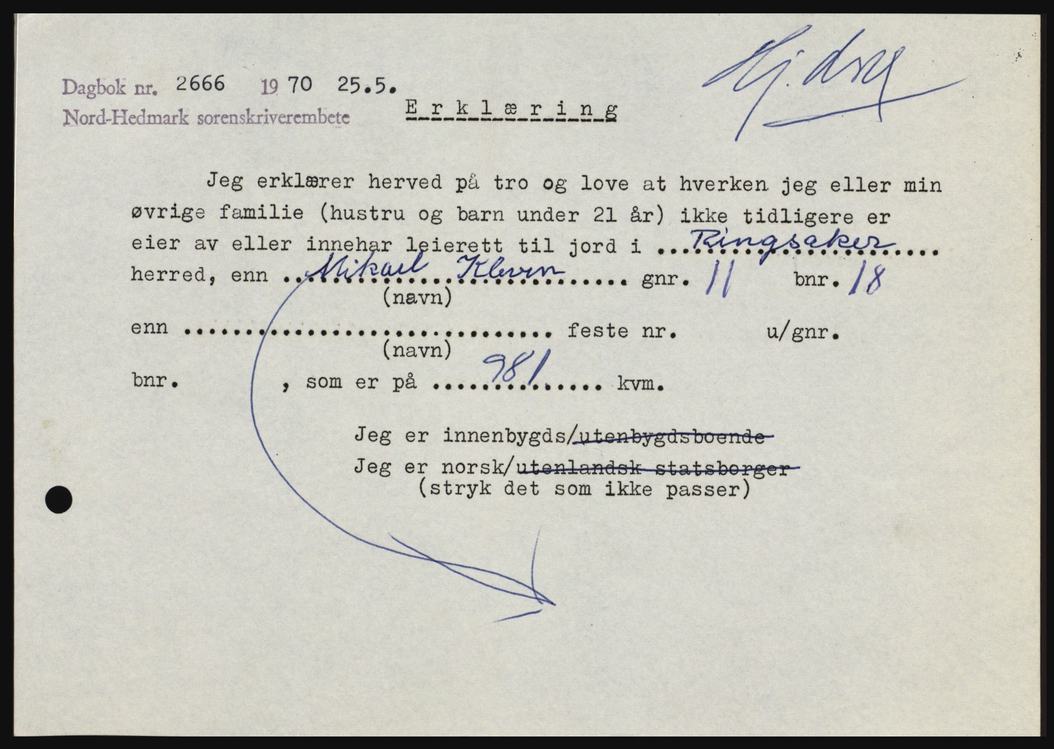 Nord-Hedmark sorenskriveri, SAH/TING-012/H/Hc/L0033: Mortgage book no. 33, 1970-1970, Diary no: : 2666/1970