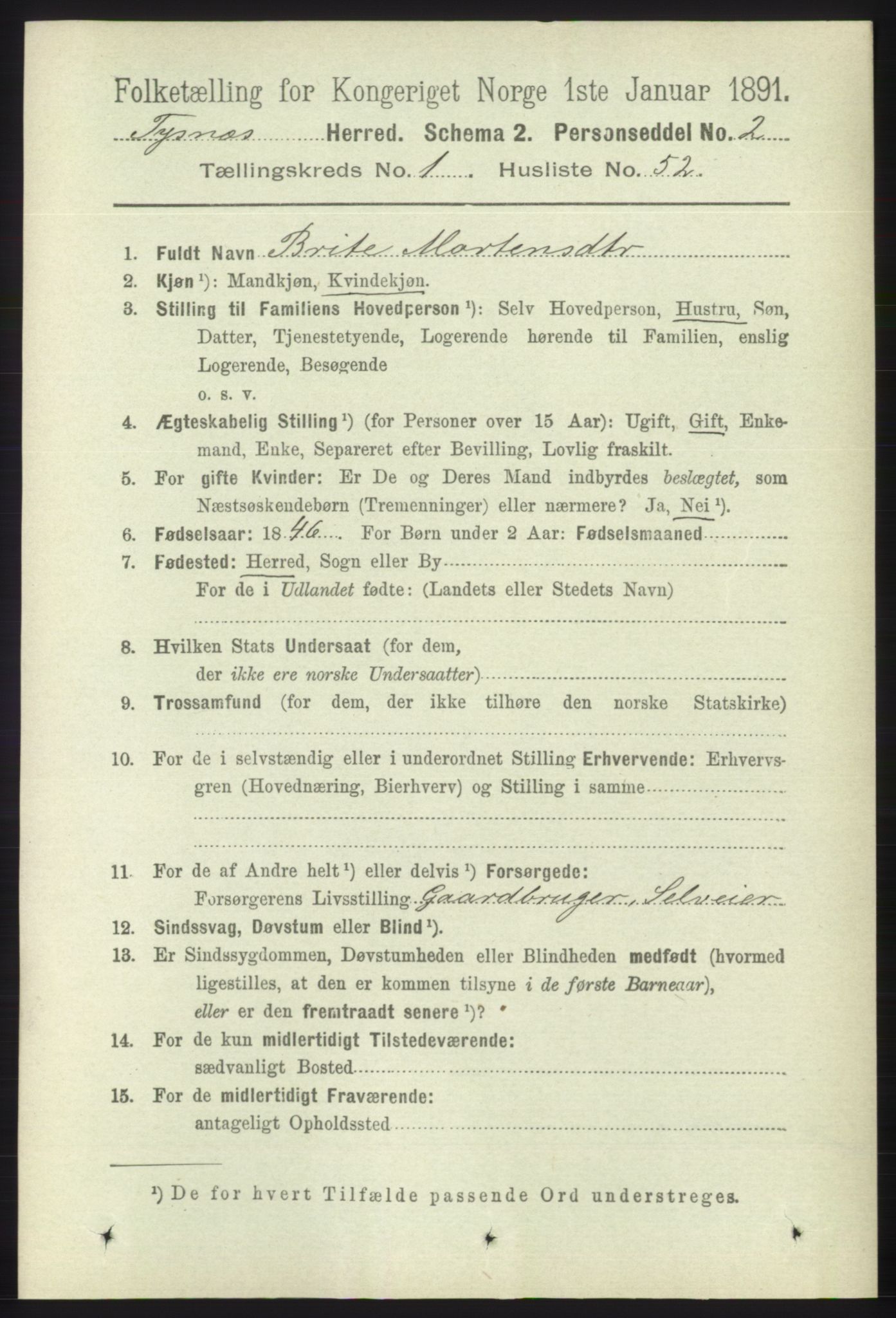 RA, 1891 census for 1223 Tysnes, 1891, p. 379