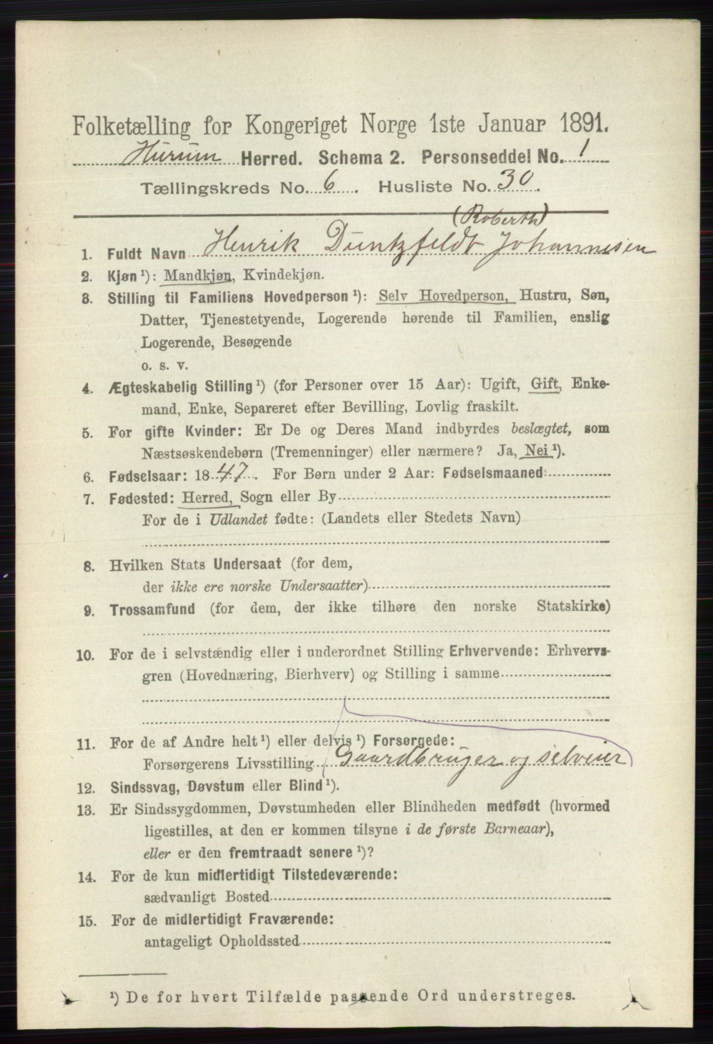 RA, 1891 census for 0628 Hurum, 1891, p. 2157