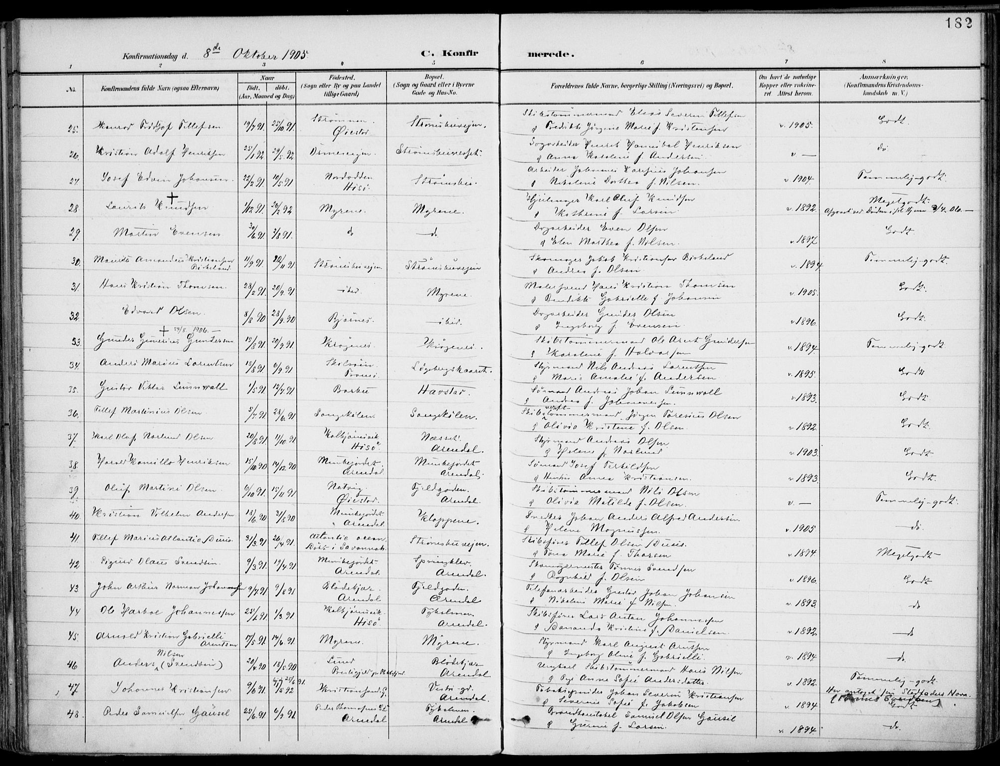 Barbu sokneprestkontor, AV/SAK-1111-0003/F/Fa/L0005: Parish register (official) no. A 5, 1899-1909, p. 182