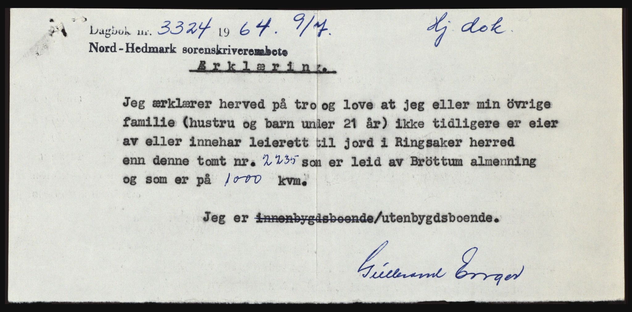 Nord-Hedmark sorenskriveri, SAH/TING-012/H/Hc/L0020: Mortgage book no. 20, 1964-1964, Diary no: : 3324/1964