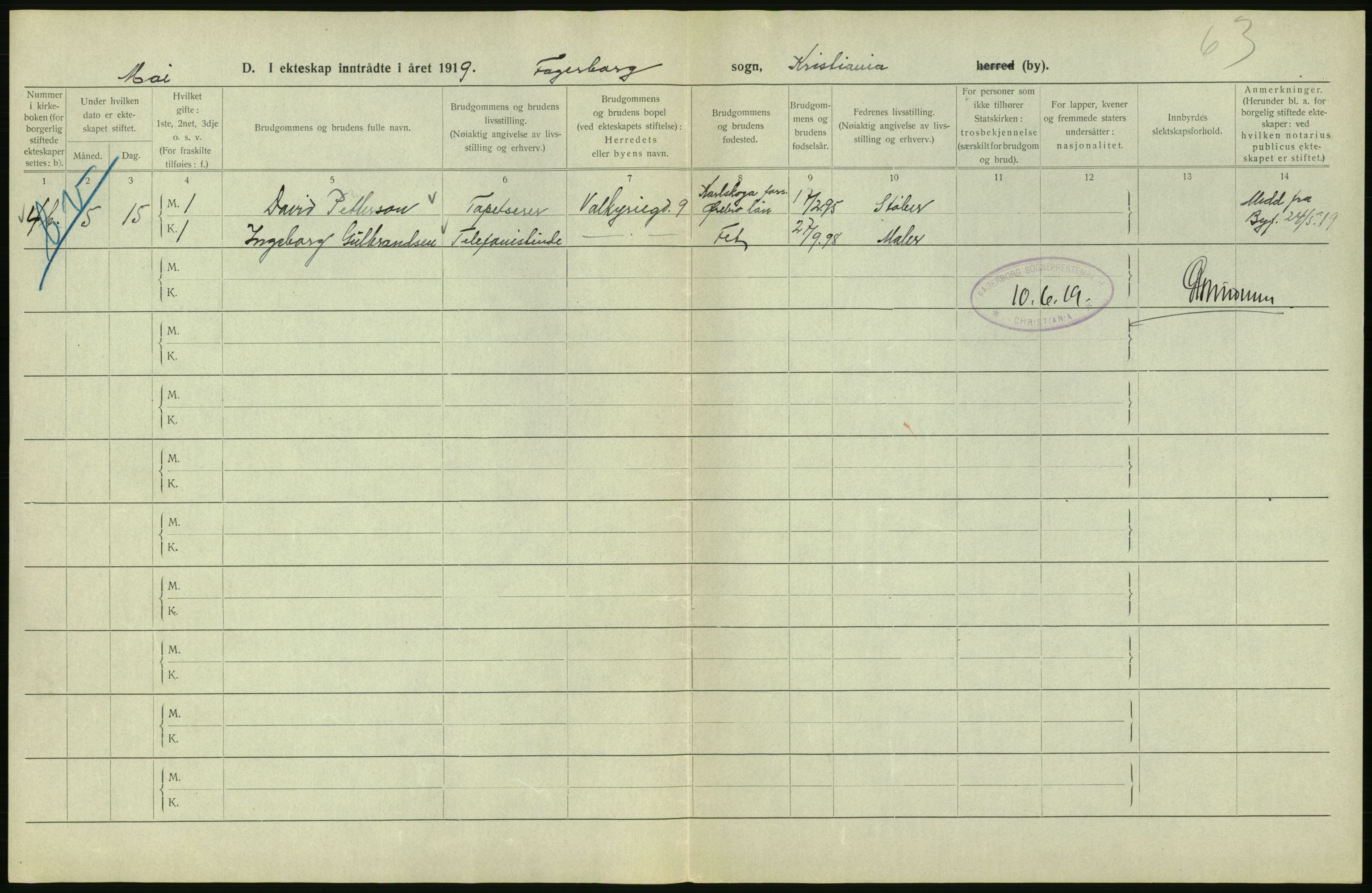 Statistisk sentralbyrå, Sosiodemografiske emner, Befolkning, AV/RA-S-2228/D/Df/Dfb/Dfbi/L0009: Kristiania: Gifte, 1919, p. 280