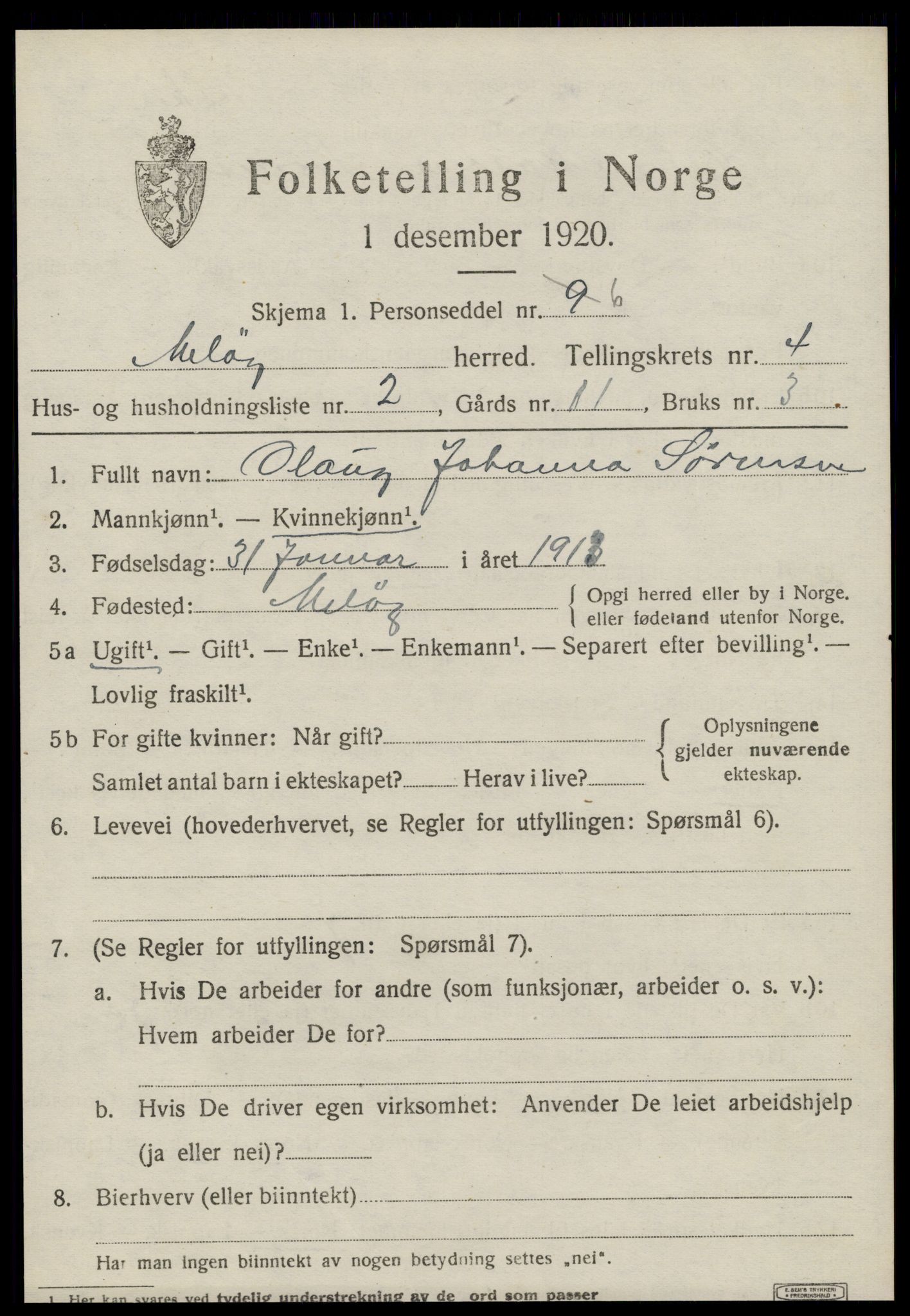 SAT, 1920 census for Meløy, 1920, p. 2789