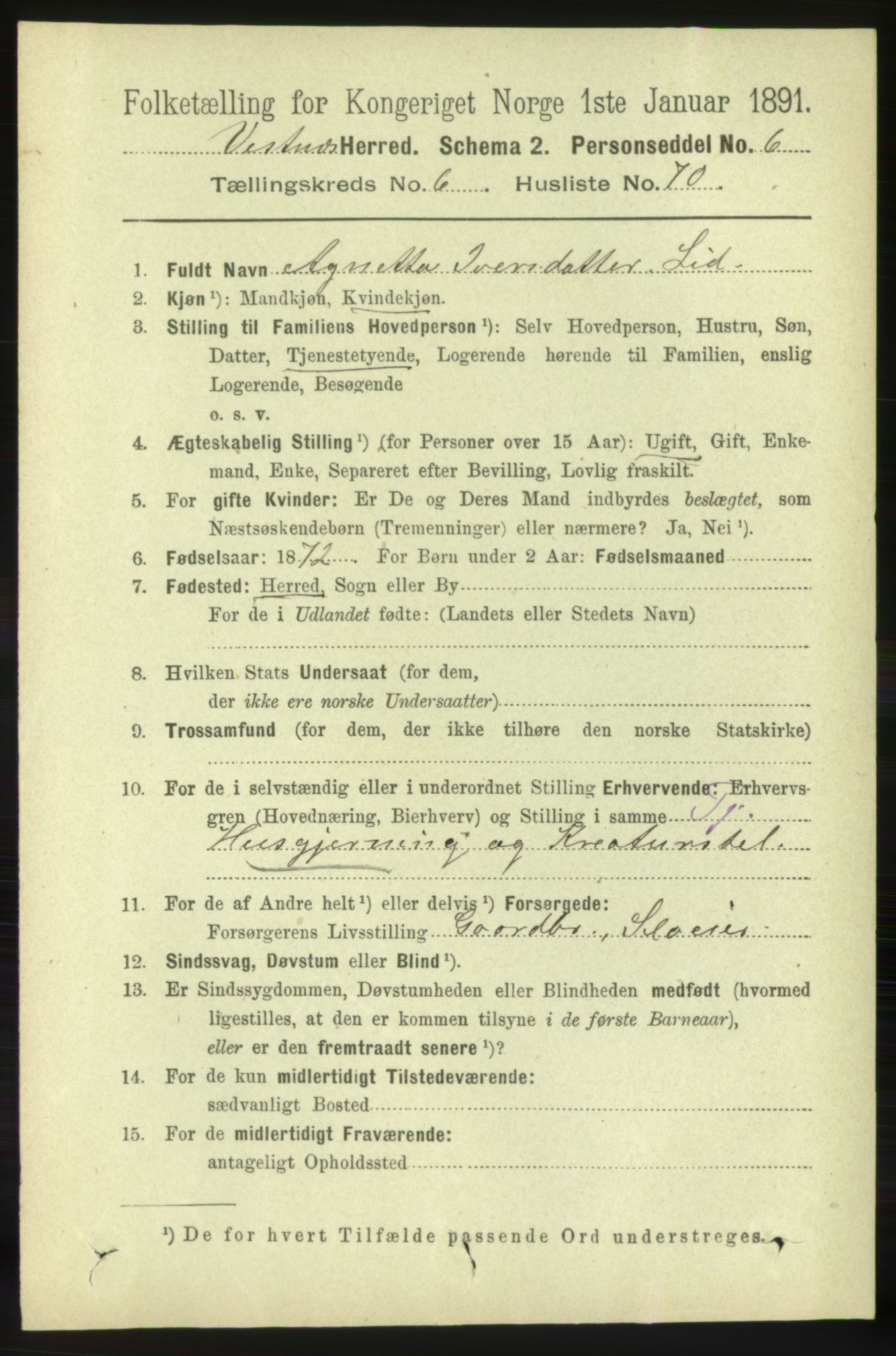 RA, 1891 census for 1535 Vestnes, 1891, p. 2613