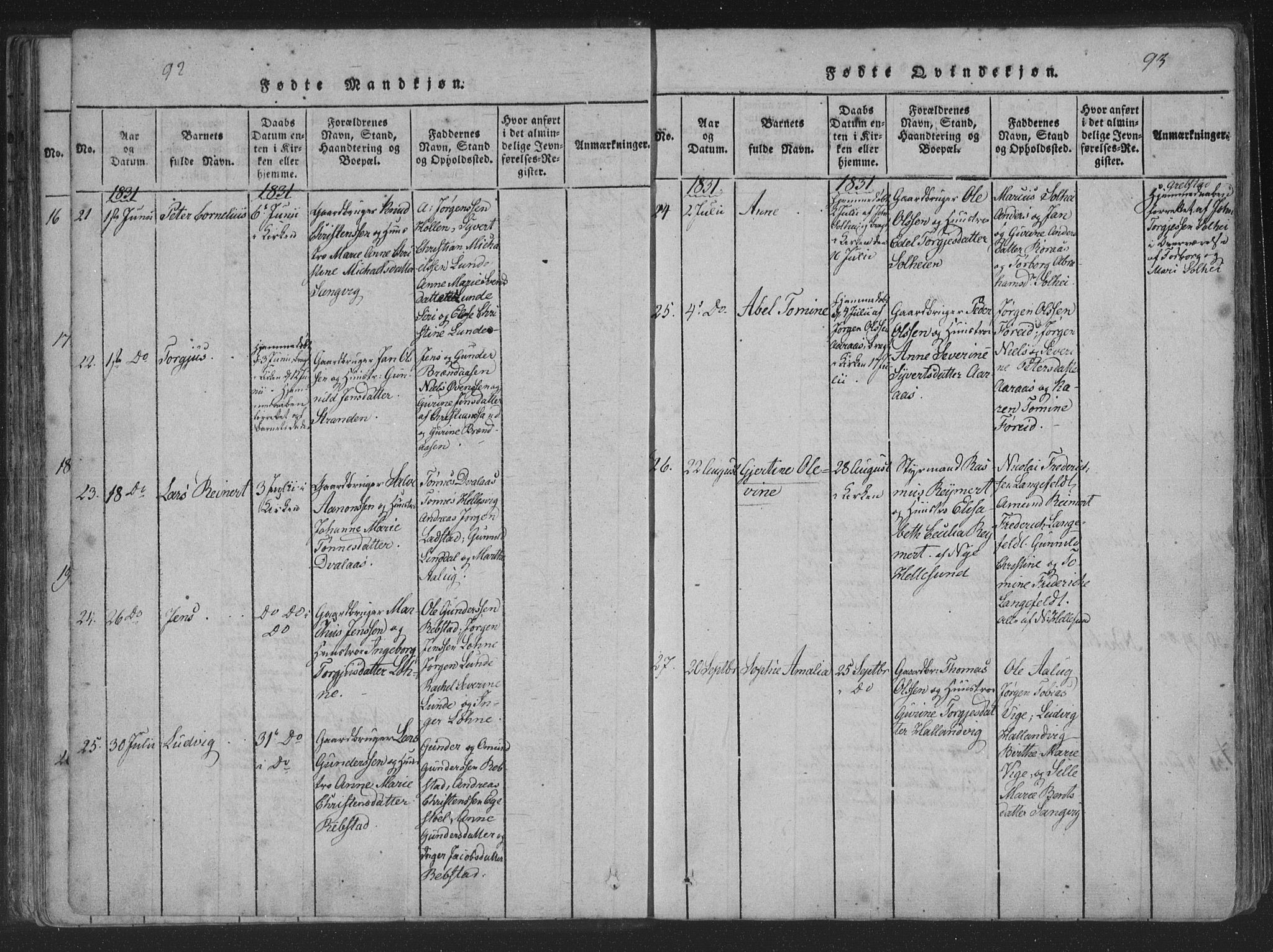 Søgne sokneprestkontor, AV/SAK-1111-0037/F/Fa/Fab/L0008: Parish register (official) no. A 8, 1821-1838, p. 92-93