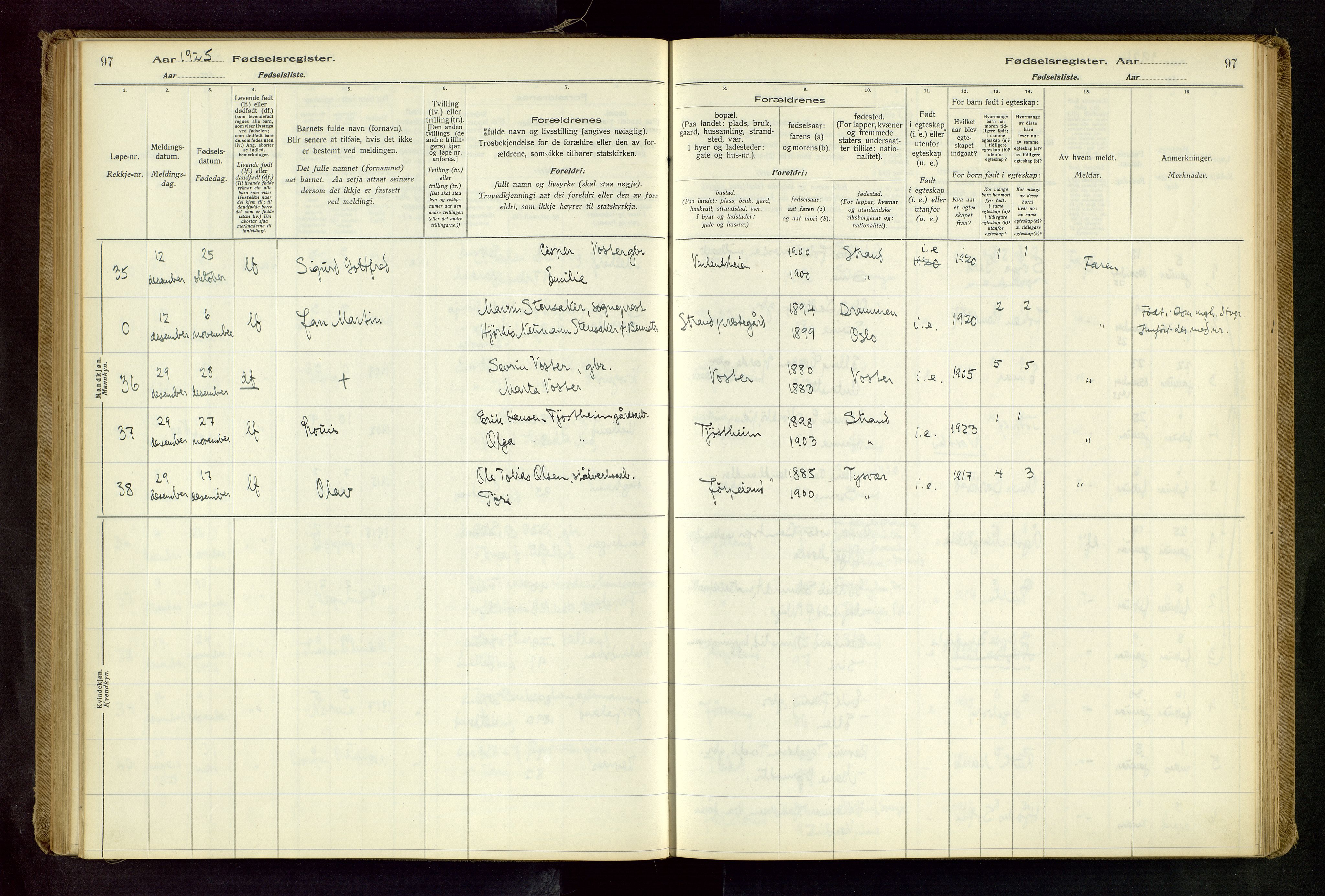 Strand sokneprestkontor, AV/SAST-A-101828/I/Id/L0001: Birth register no. 1, 1916-1938, p. 97