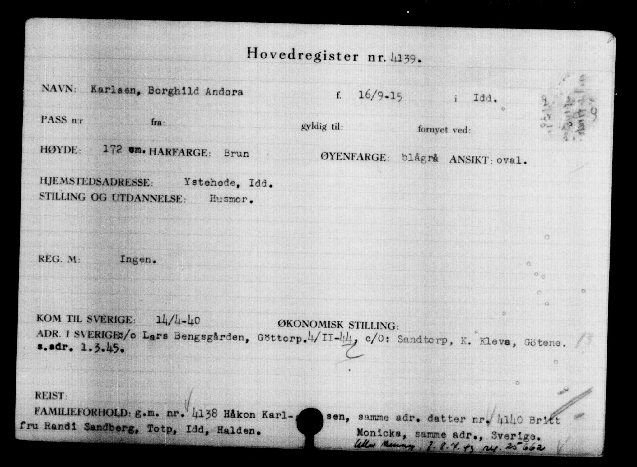 Utenriksstasjonene, Legasjonen i Stockholm, Flyktningkontoret, AV/RA-S-6753/V/Va/L0004: Kjesäterkartoteket, flyktninger med registreringsnr. 3496-6610, 1940-1945, p. 766