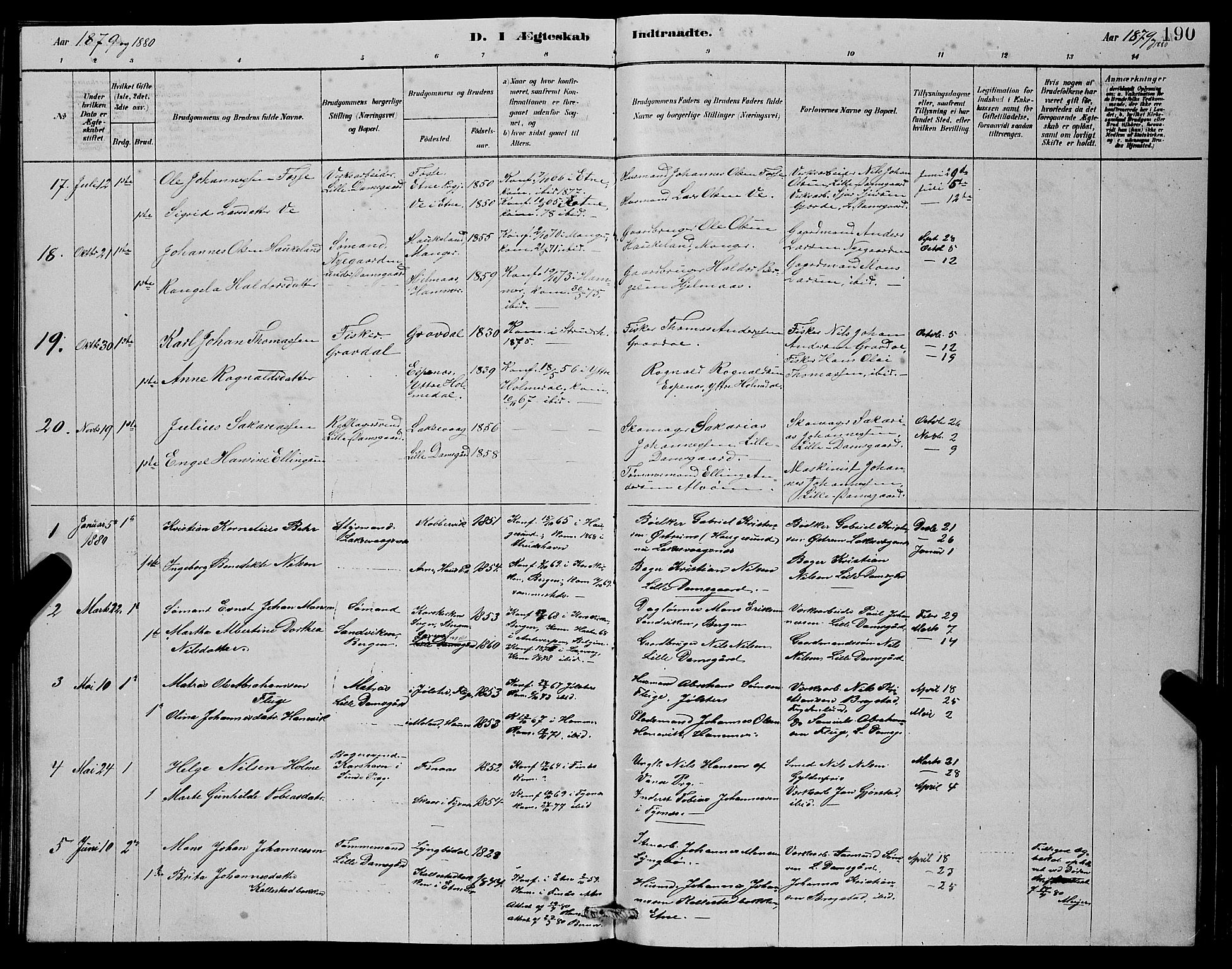 Laksevåg Sokneprestembete, SAB/A-76501/H/Ha/Hab/Haba/L0002: Parish register (copy) no. A 2, 1877-1887, p. 190
