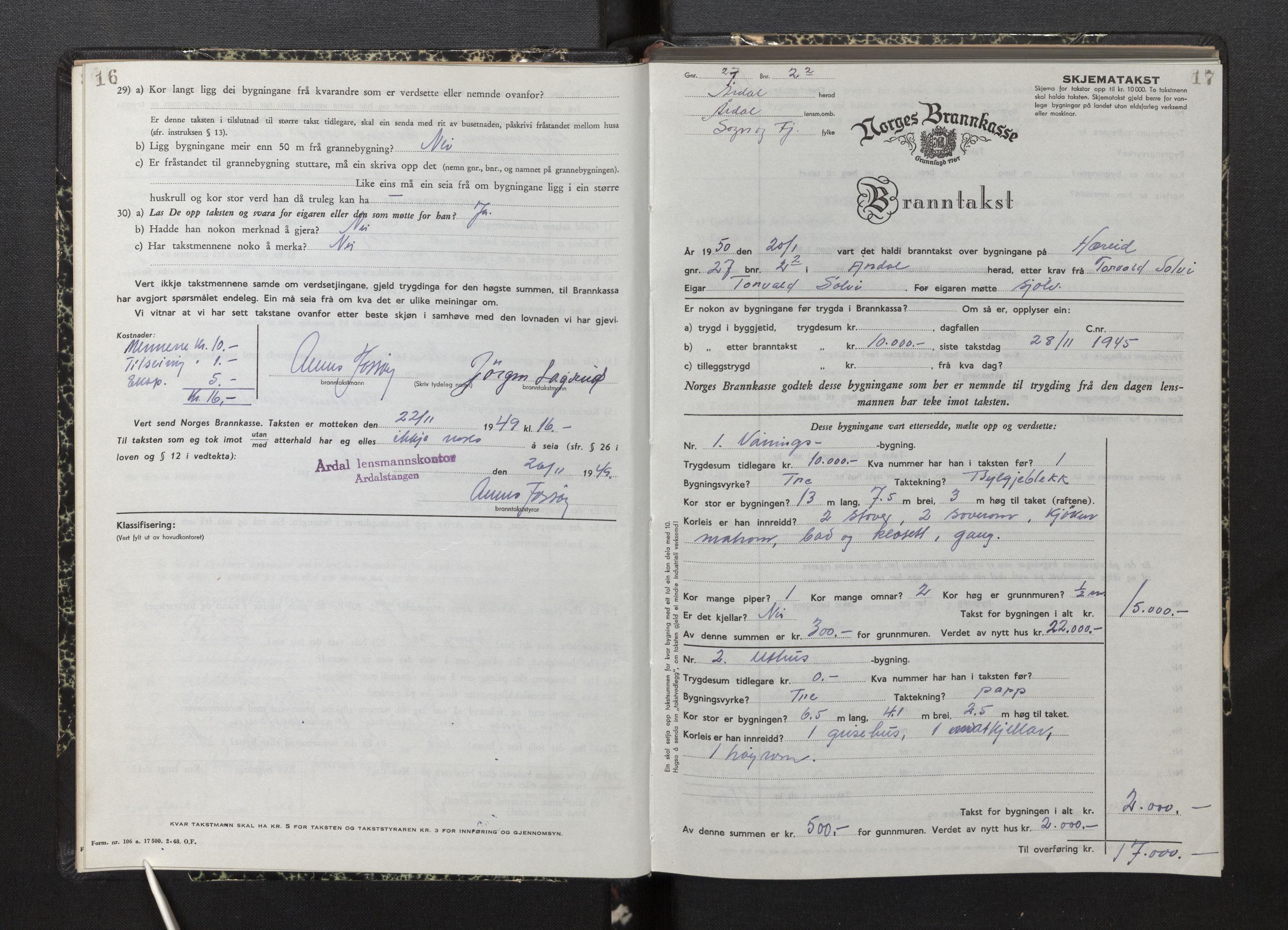 Lensmannen i Årdal, AV/SAB-A-30501/0012/L0012: Branntakstprotokoll, skjematakst, 1949-1955, p. 16-17