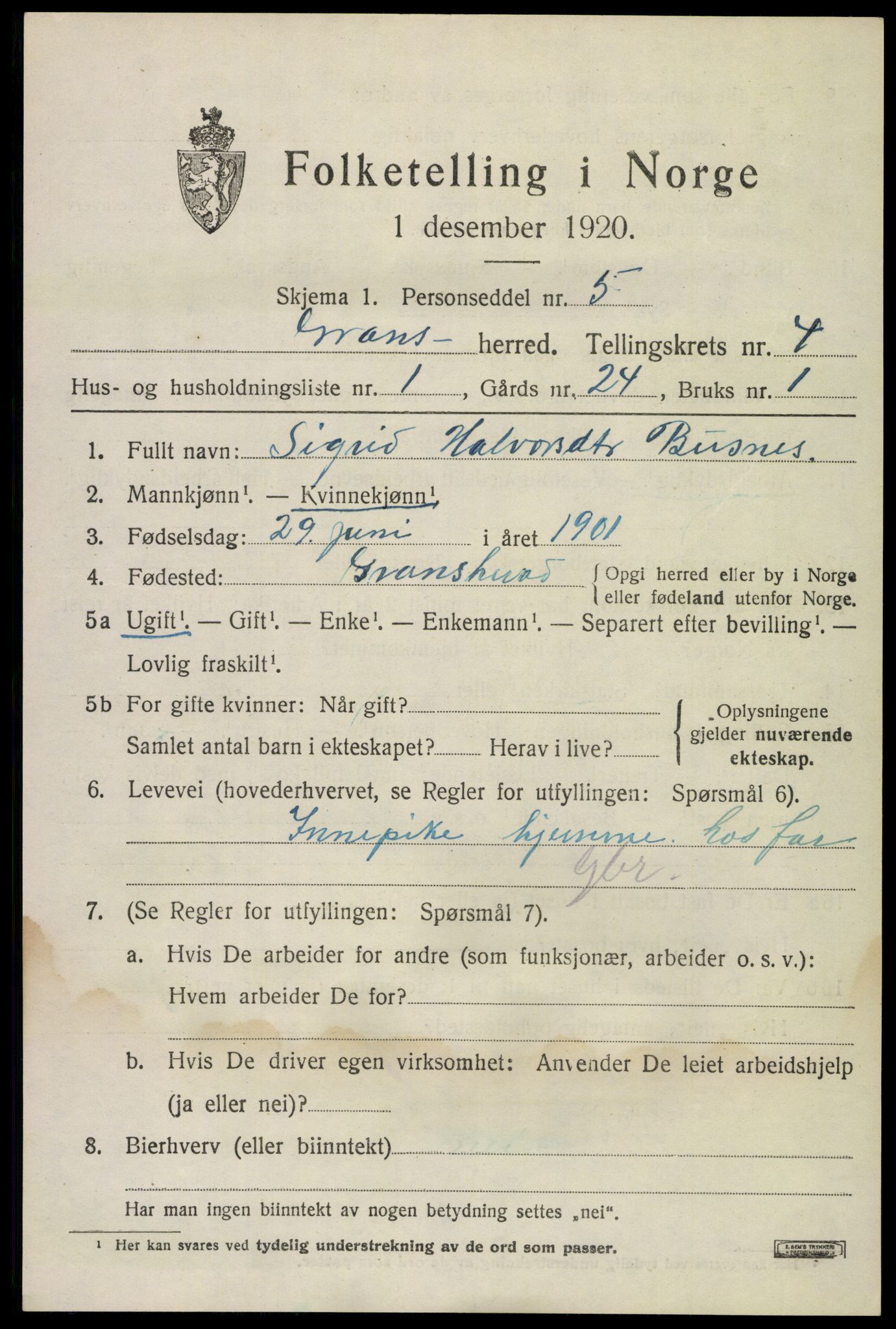 SAKO, 1920 census for Gransherad, 1920, p. 1780