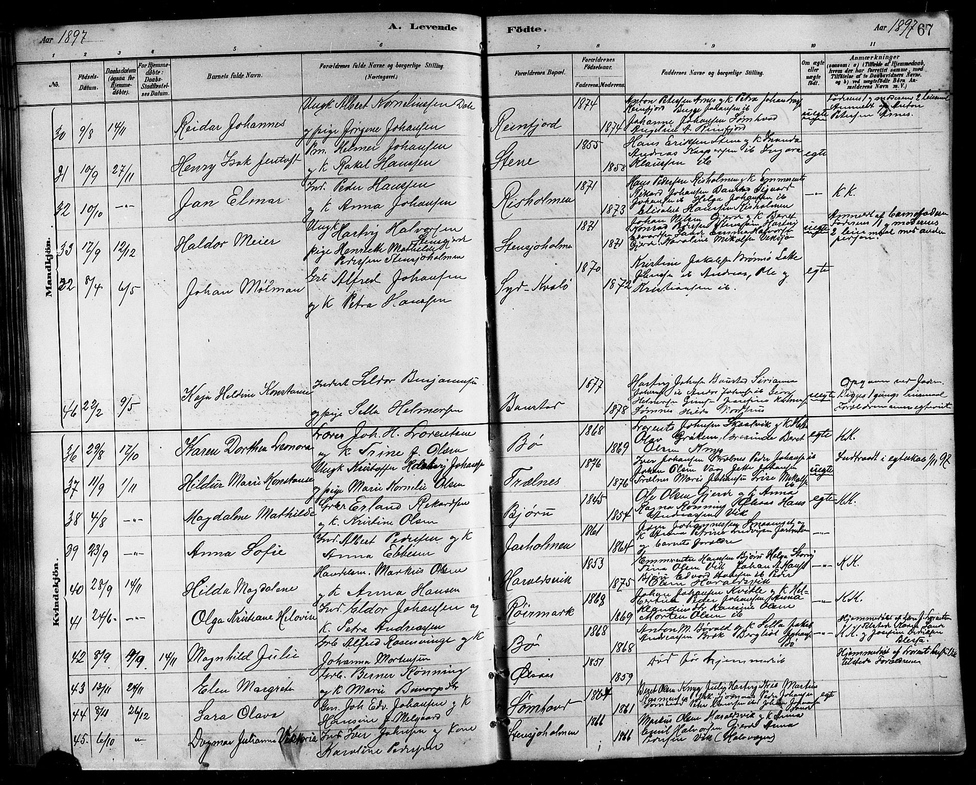 Ministerialprotokoller, klokkerbøker og fødselsregistre - Nordland, SAT/A-1459/812/L0188: Parish register (copy) no. 812C06, 1884-1912, p. 67
