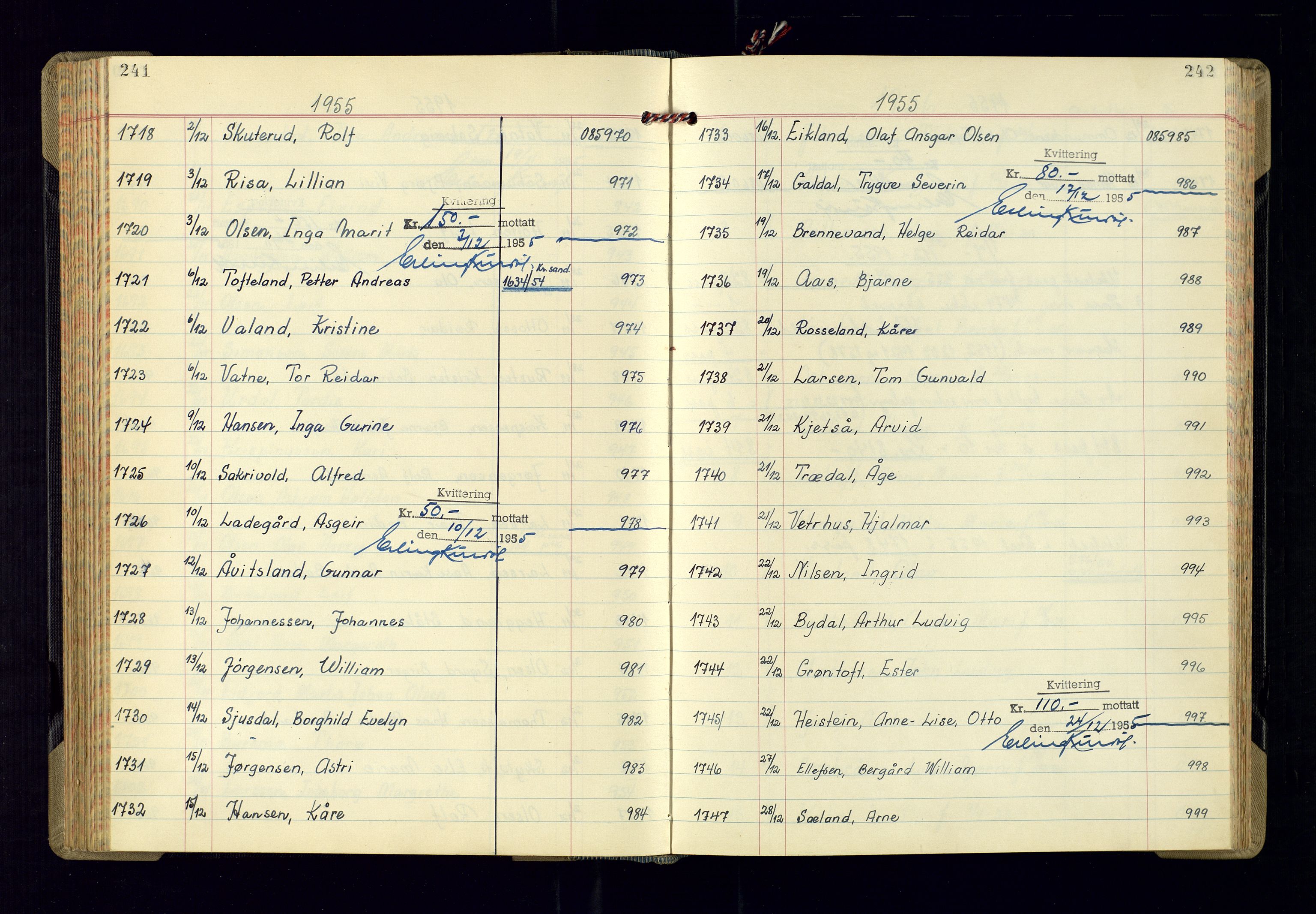 Kristiansand politikammer - 2, AV/SAK-1243-0009/K/Ka/Kaa/L0613: Passprotokoll, liste med løpenumre, 1954-1958, p. 241-242