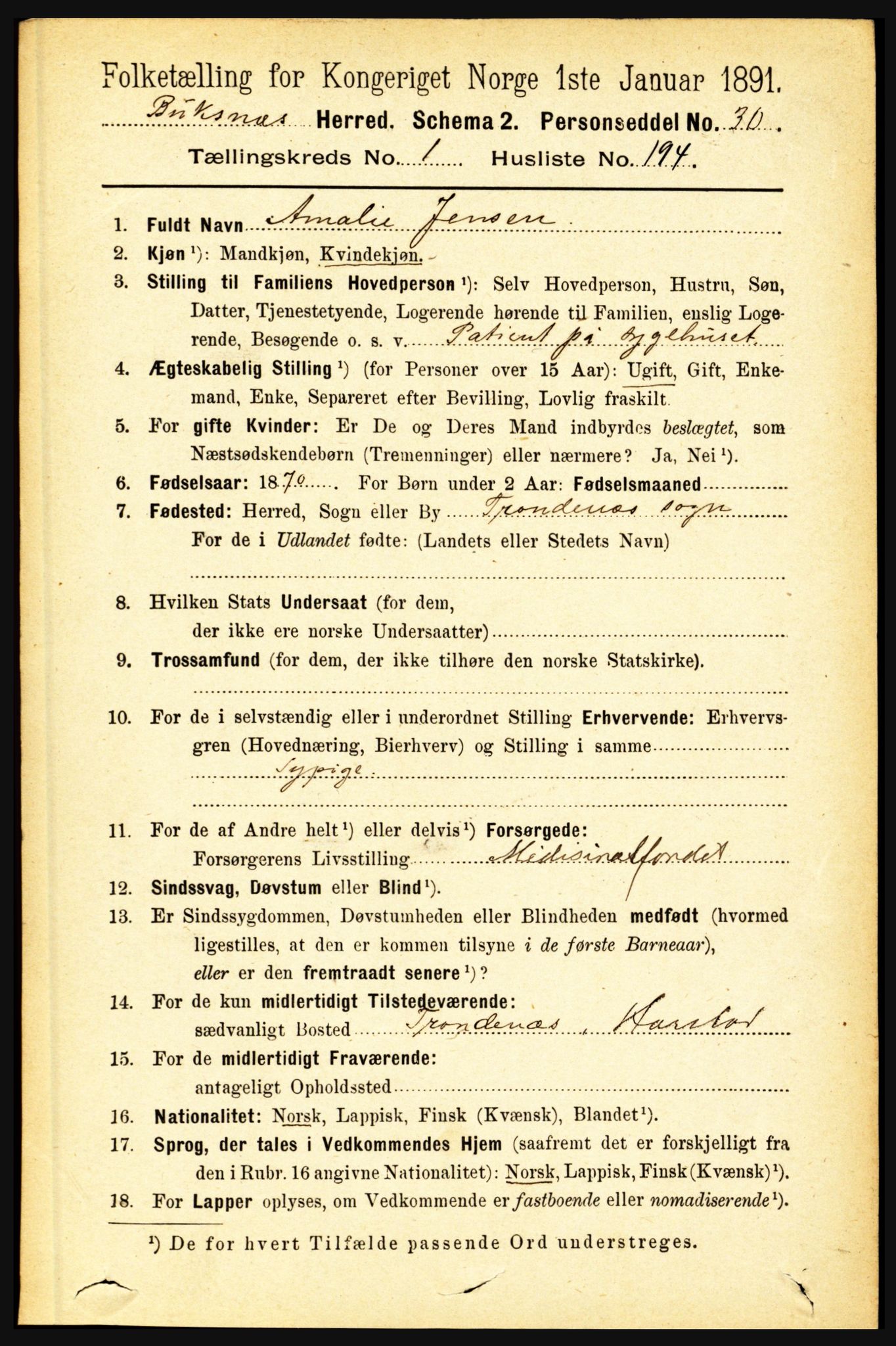 RA, 1891 census for 1860 Buksnes, 1891, p. 1513