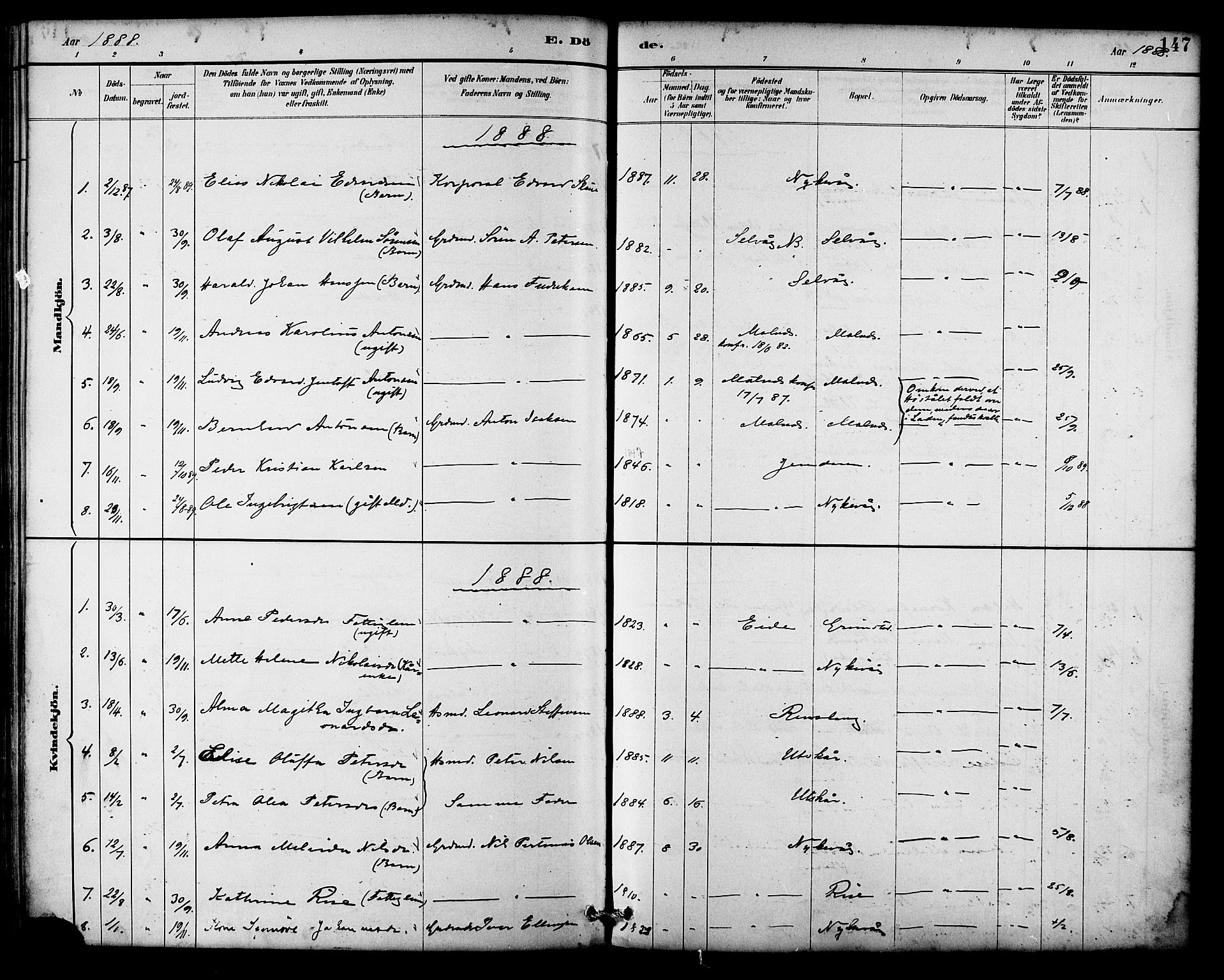 Ministerialprotokoller, klokkerbøker og fødselsregistre - Nordland, SAT/A-1459/892/L1320: Parish register (official) no. 892A01, 1886-1901, p. 147