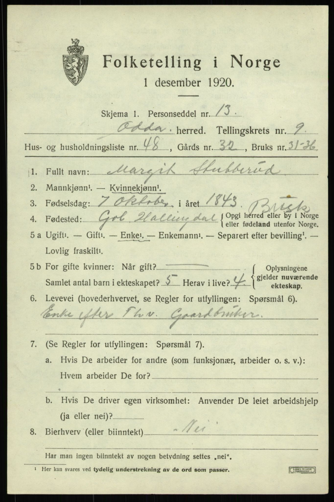 SAB, 1920 census for Odda, 1920, p. 8605