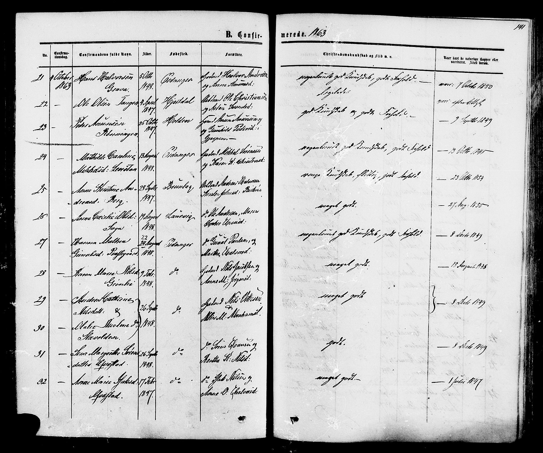 Eidanger kirkebøker, AV/SAKO-A-261/F/Fa/L0010: Parish register (official) no. 10, 1859-1874, p. 141