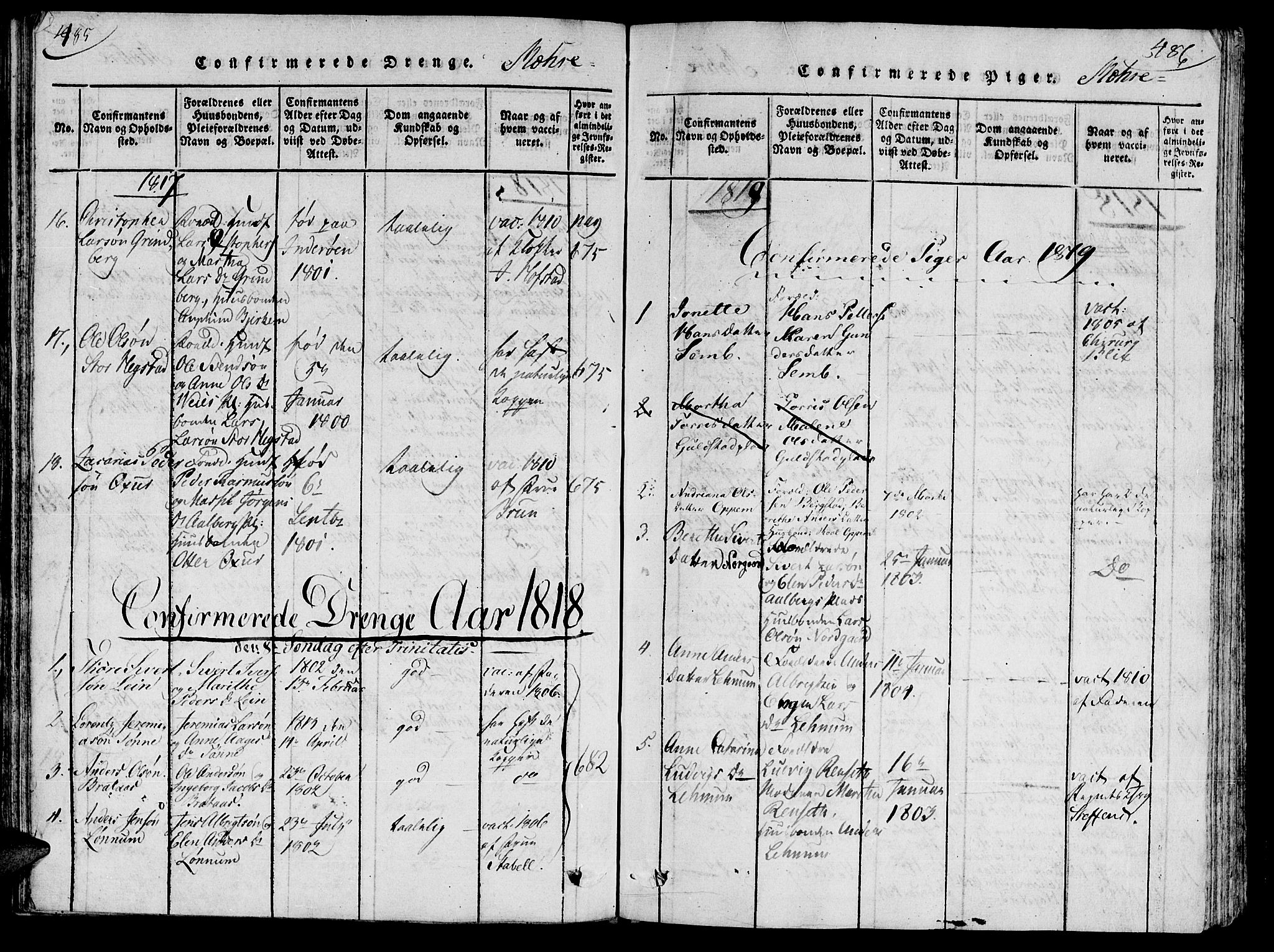 Ministerialprotokoller, klokkerbøker og fødselsregistre - Nord-Trøndelag, AV/SAT-A-1458/735/L0333: Parish register (official) no. 735A04 /1, 1816-1824, p. 485-486