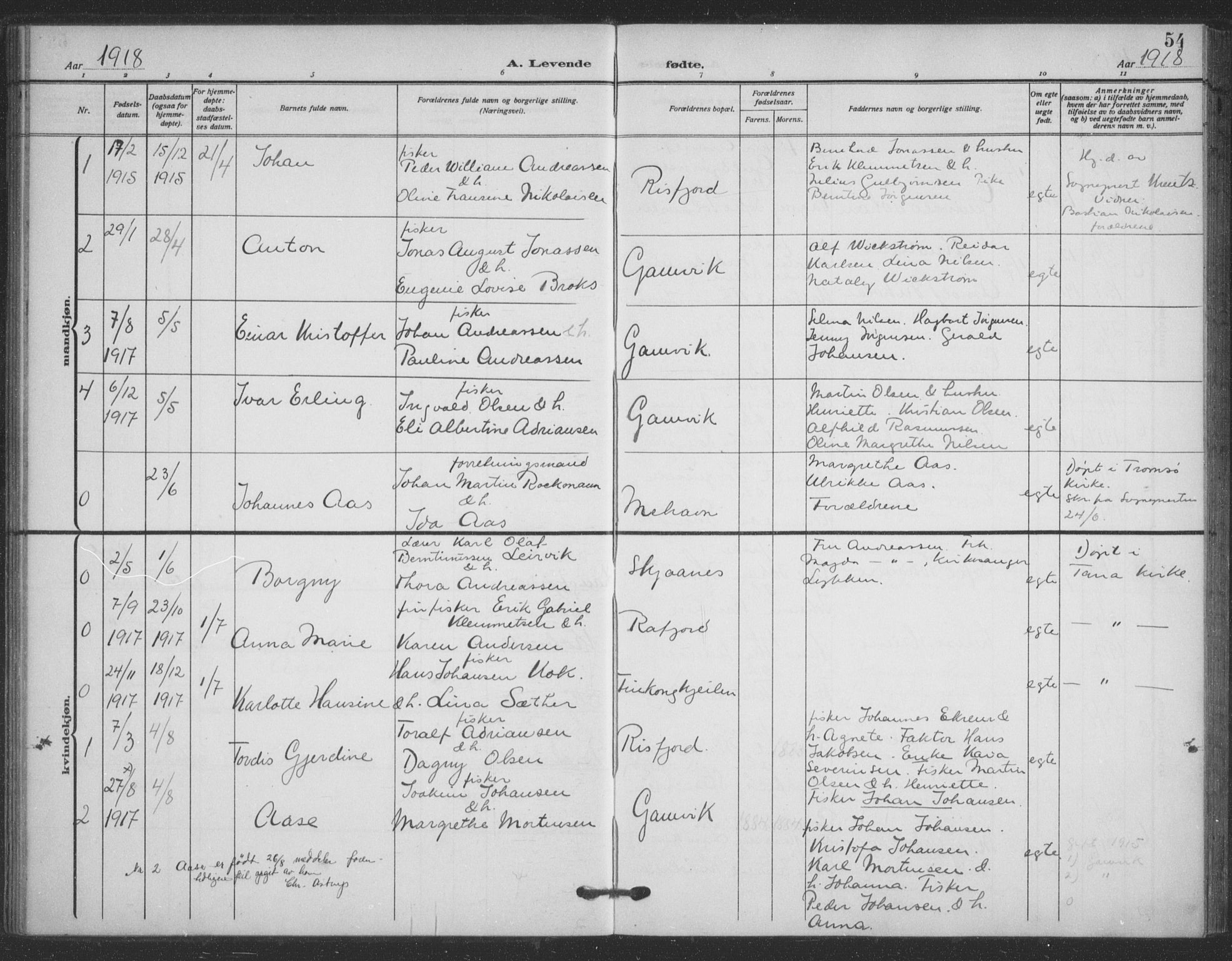 Tana sokneprestkontor, SATØ/S-1334/H/Ha/L0008kirke: Parish register (official) no. 8, 1908-1920, p. 54