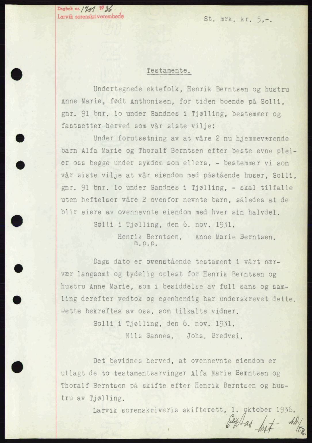 Larvik sorenskriveri, SAKO/A-83/G/Ga/Gab/L0067: Mortgage book no. A-1, 1936-1937, Diary no: : 1701/1936