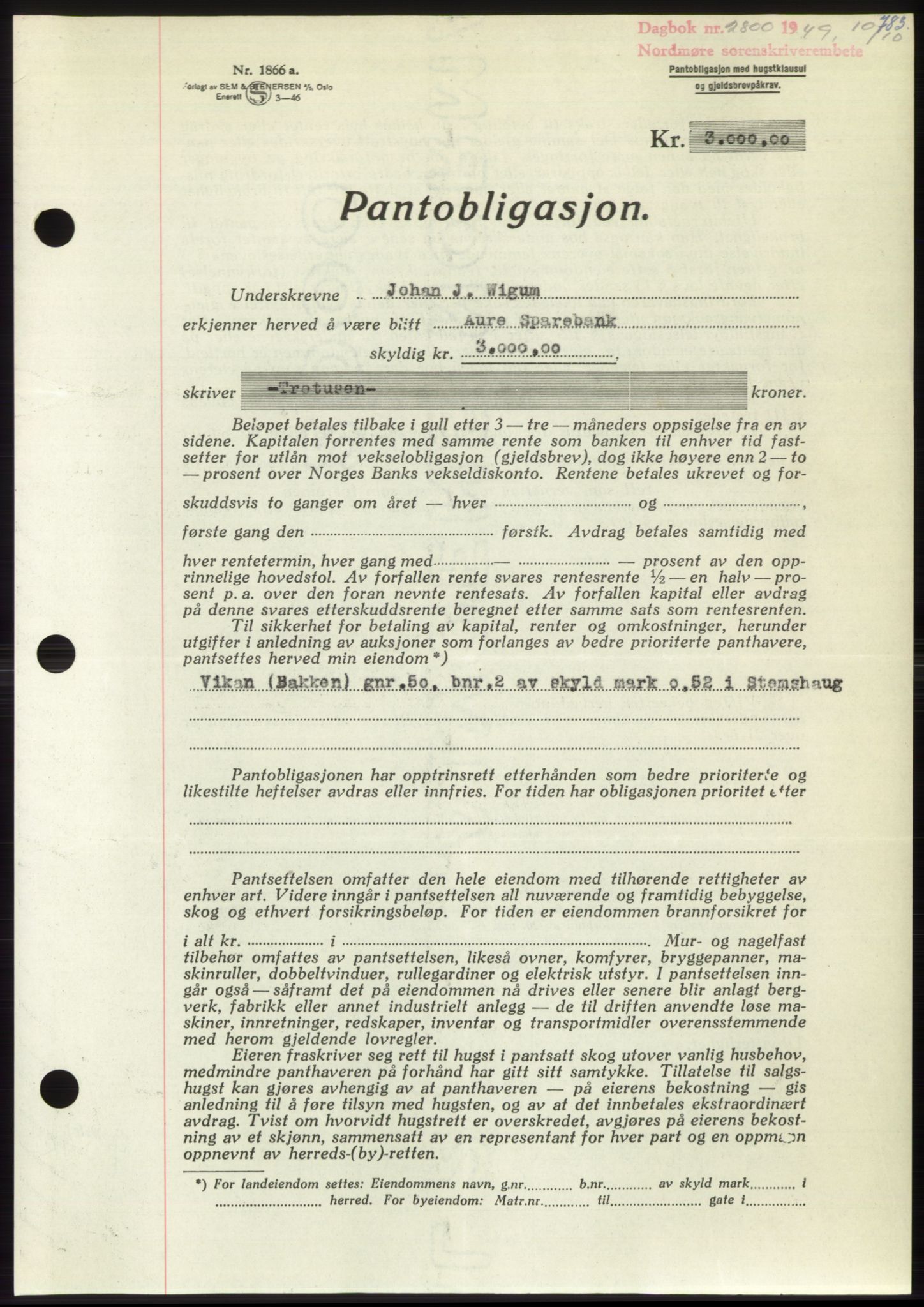 Nordmøre sorenskriveri, AV/SAT-A-4132/1/2/2Ca: Mortgage book no. B102, 1949-1949, Diary no: : 2800/1949