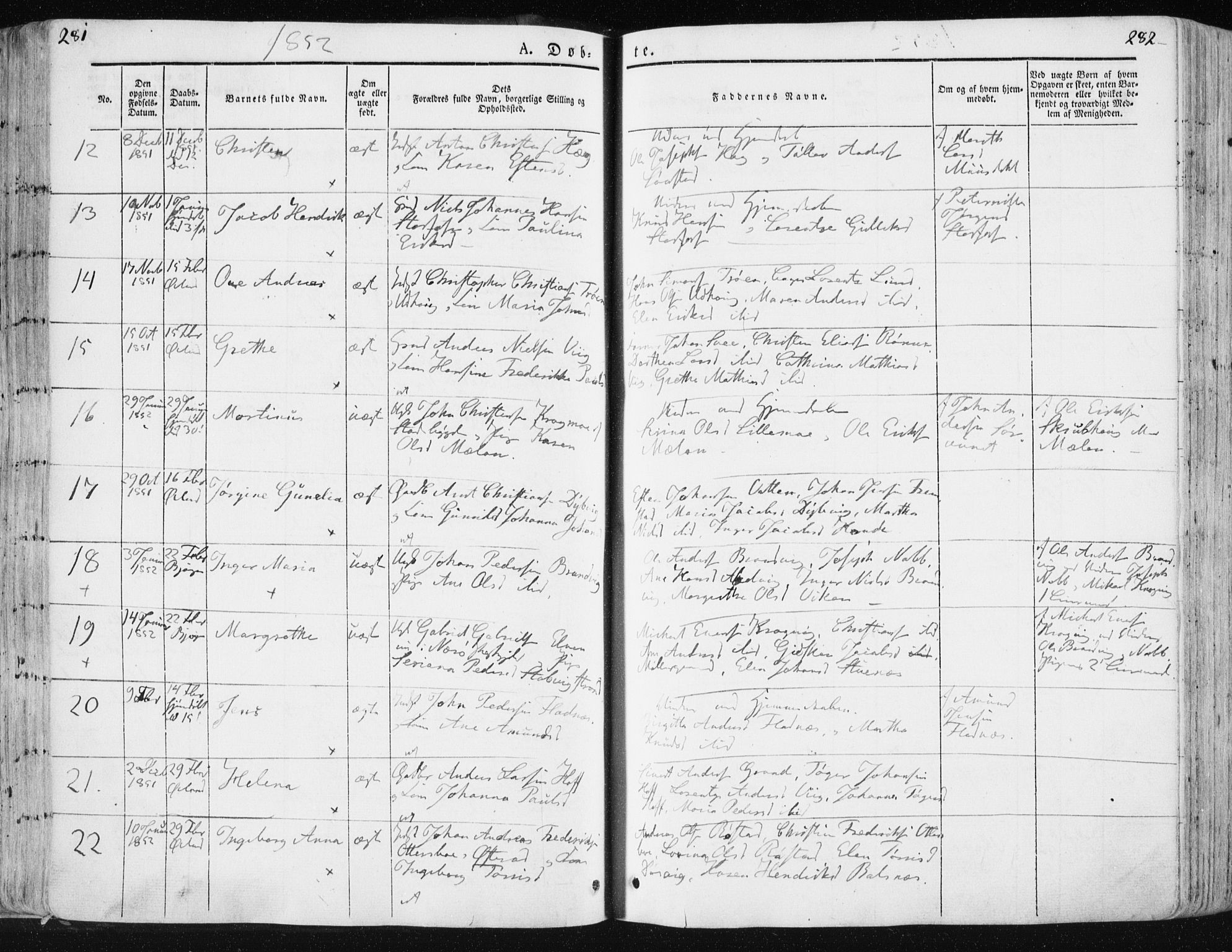 Ministerialprotokoller, klokkerbøker og fødselsregistre - Sør-Trøndelag, SAT/A-1456/659/L0736: Parish register (official) no. 659A06, 1842-1856, p. 281-282