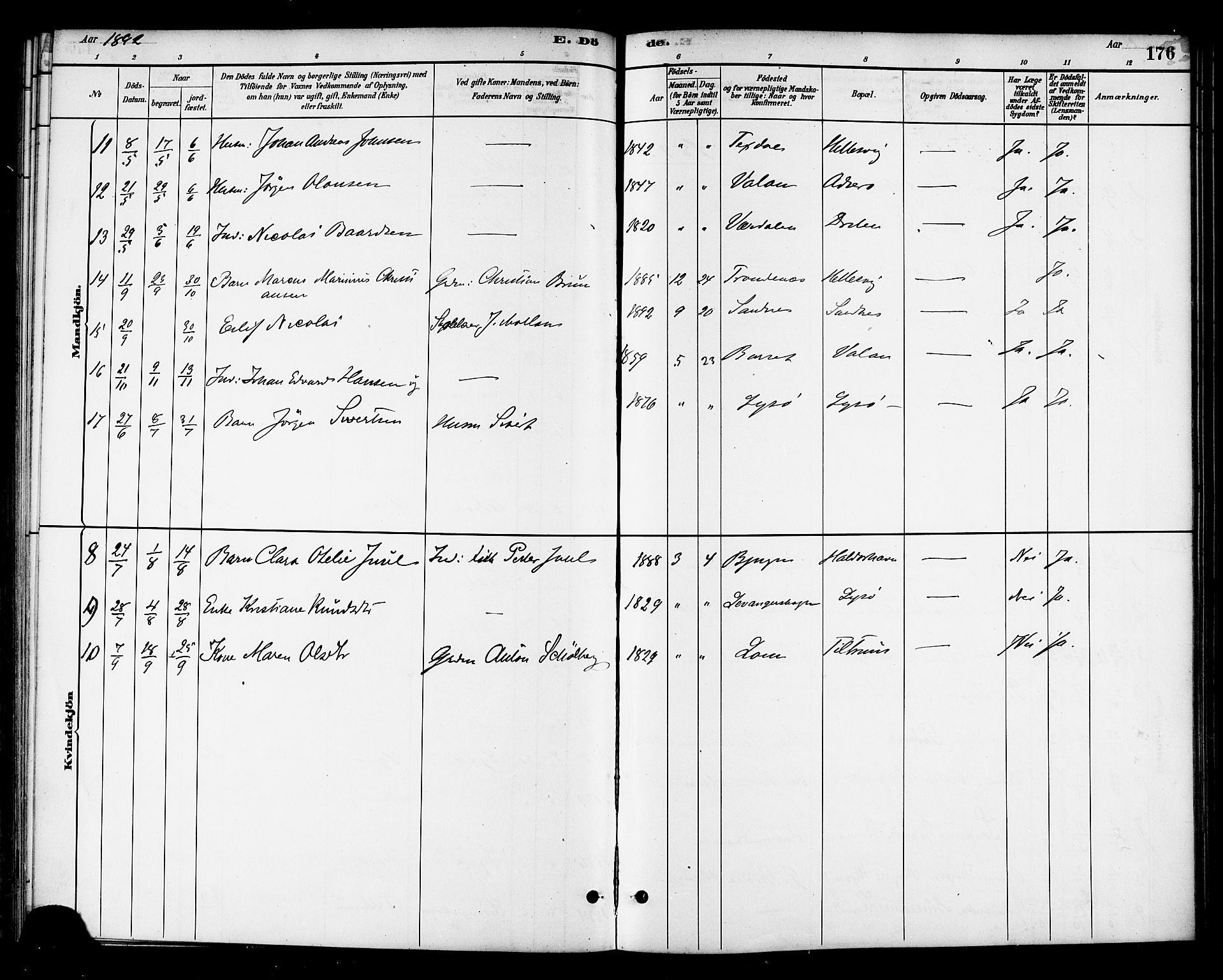 Ministerialprotokoller, klokkerbøker og fødselsregistre - Sør-Trøndelag, SAT/A-1456/654/L0663: Parish register (official) no. 654A01, 1880-1894, p. 176