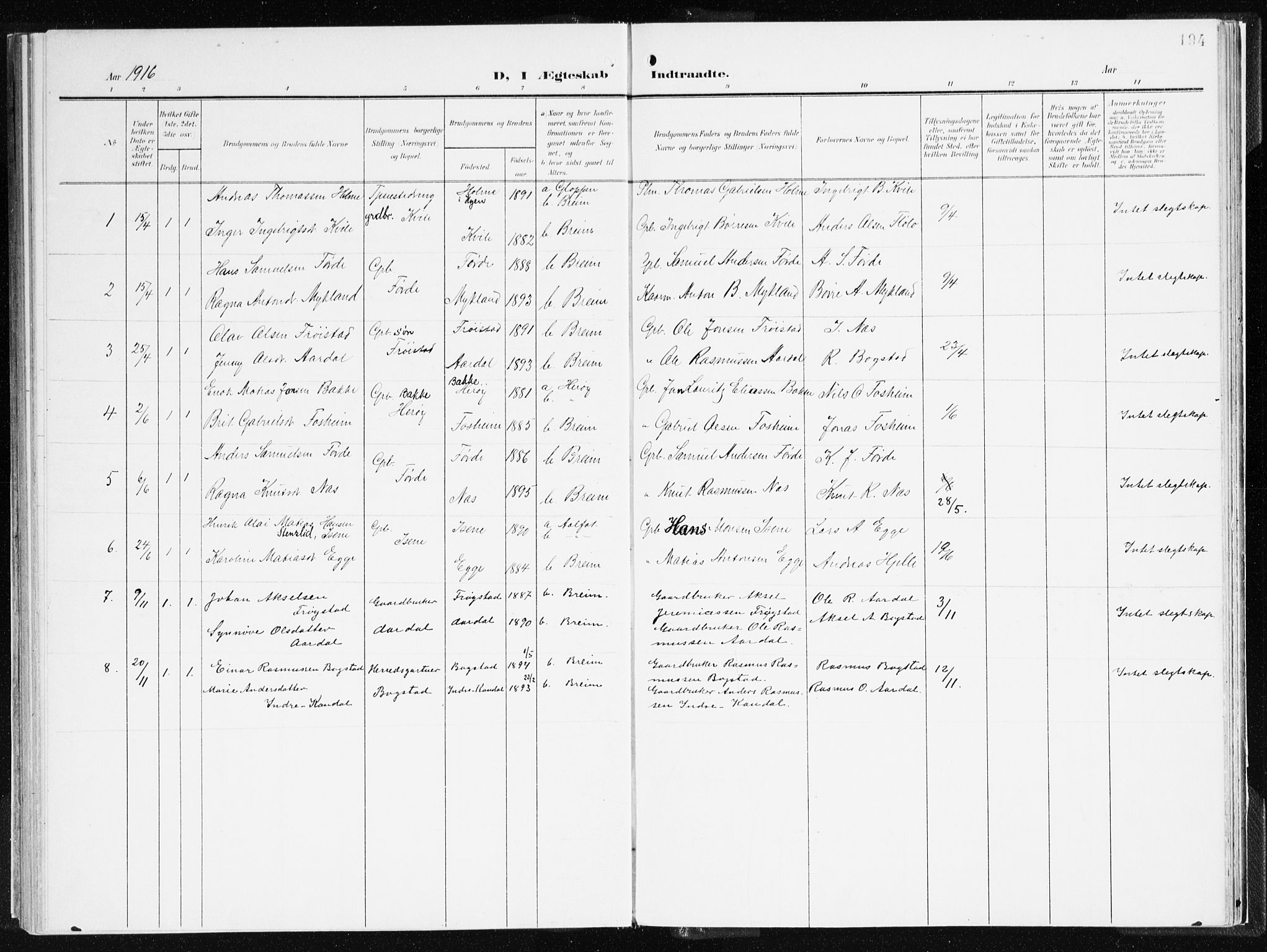 Gloppen sokneprestembete, SAB/A-80101/H/Haa/Haac/L0003: Parish register (official) no. C 3, 1904-1921, p. 194