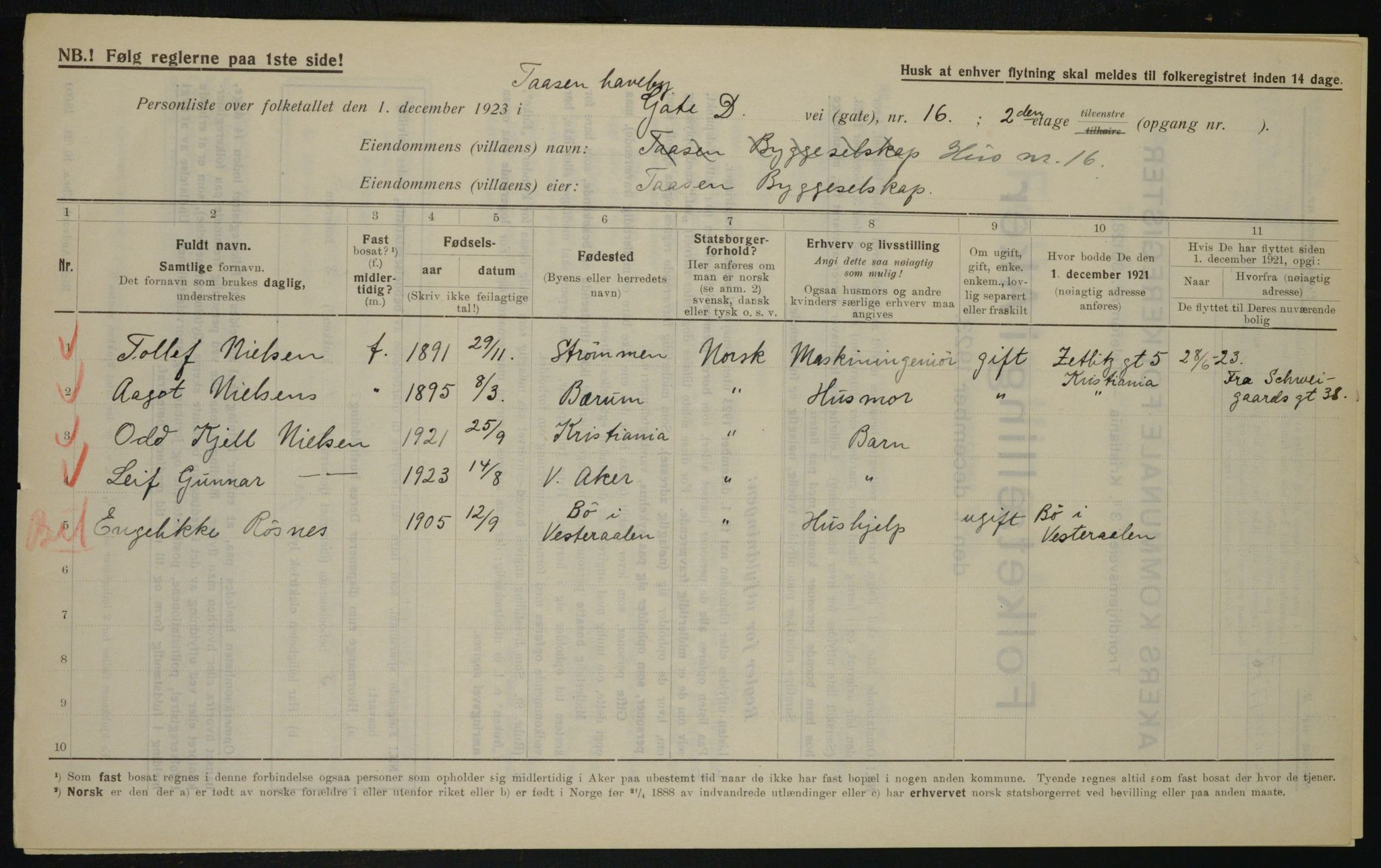 , Municipal Census 1923 for Aker, 1923, p. 19306