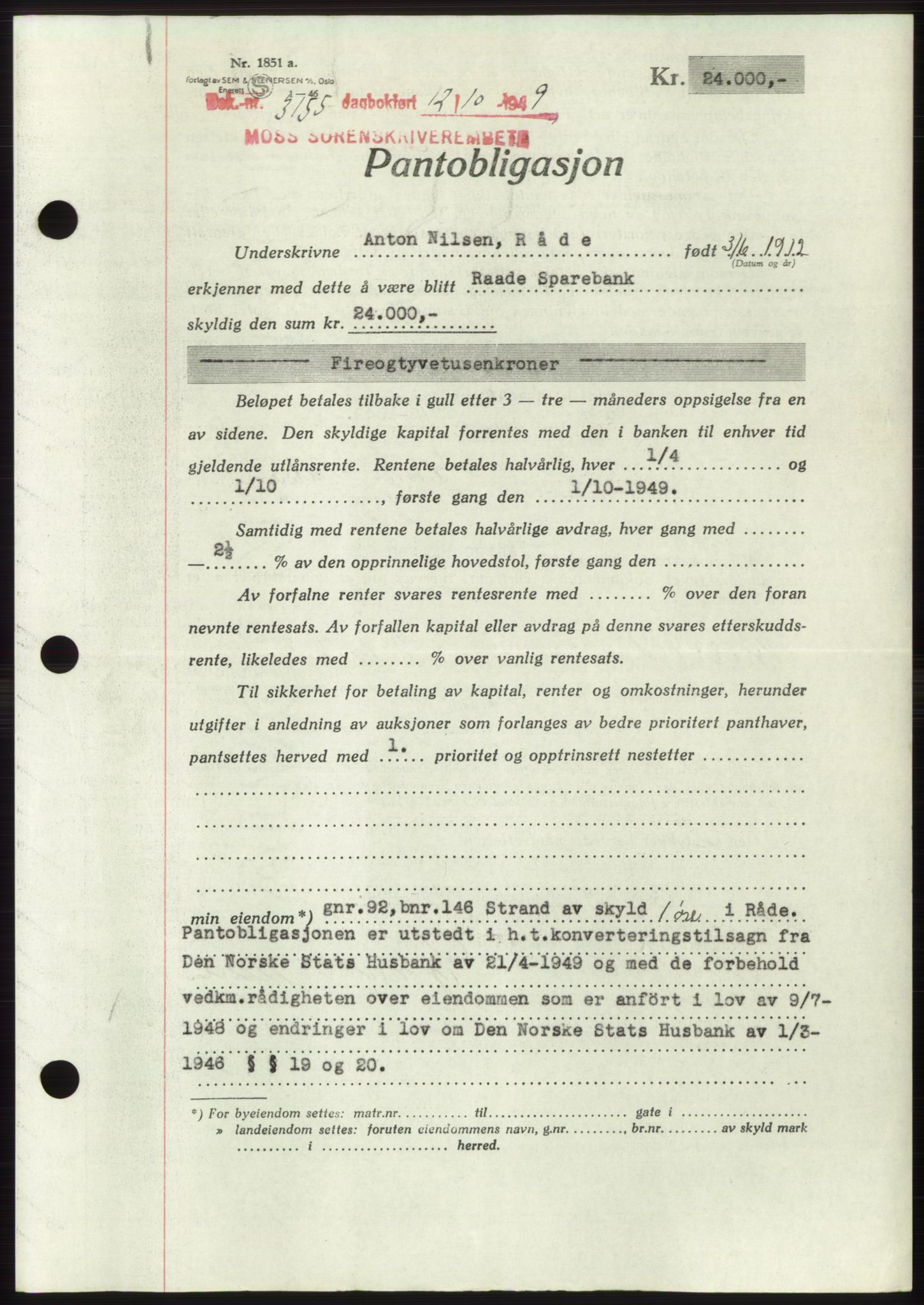 Moss sorenskriveri, SAO/A-10168: Mortgage book no. B23, 1949-1950, Diary no: : 3155/1949