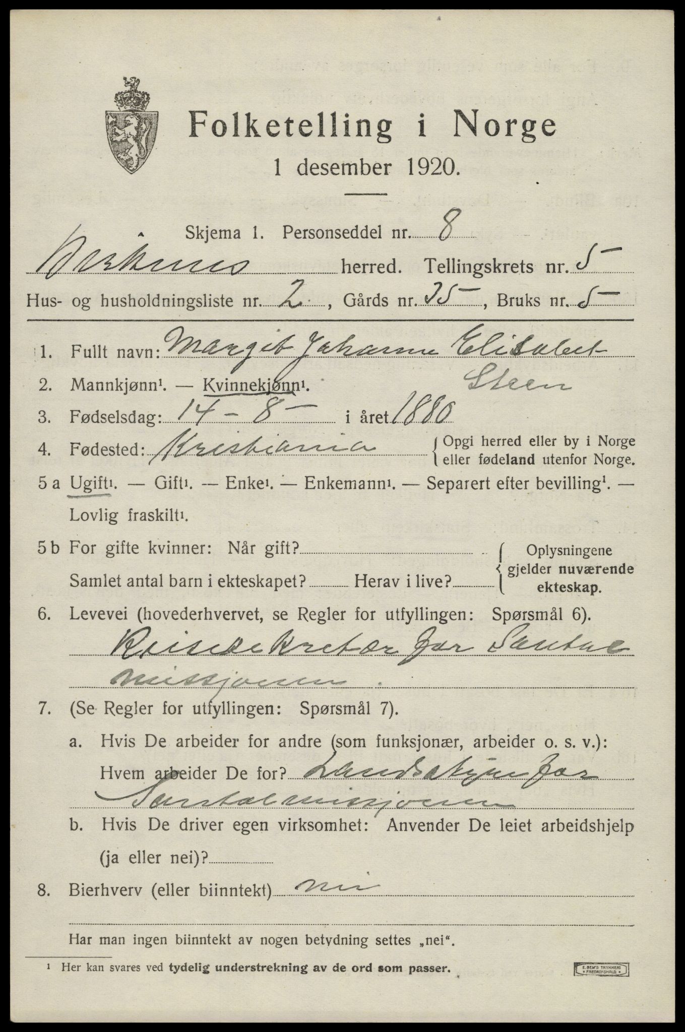 SAK, 1920 census for Birkenes, 1920, p. 3039