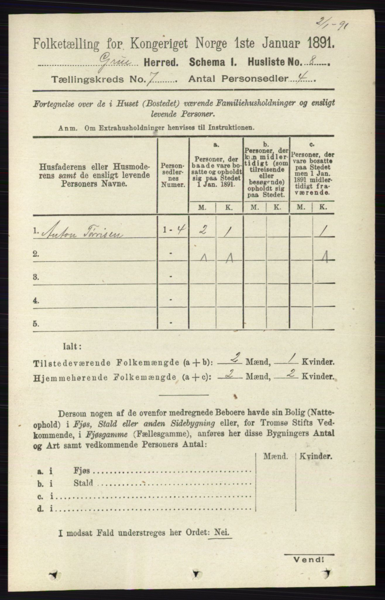 RA, 1891 census for 0423 Grue, 1891, p. 3457