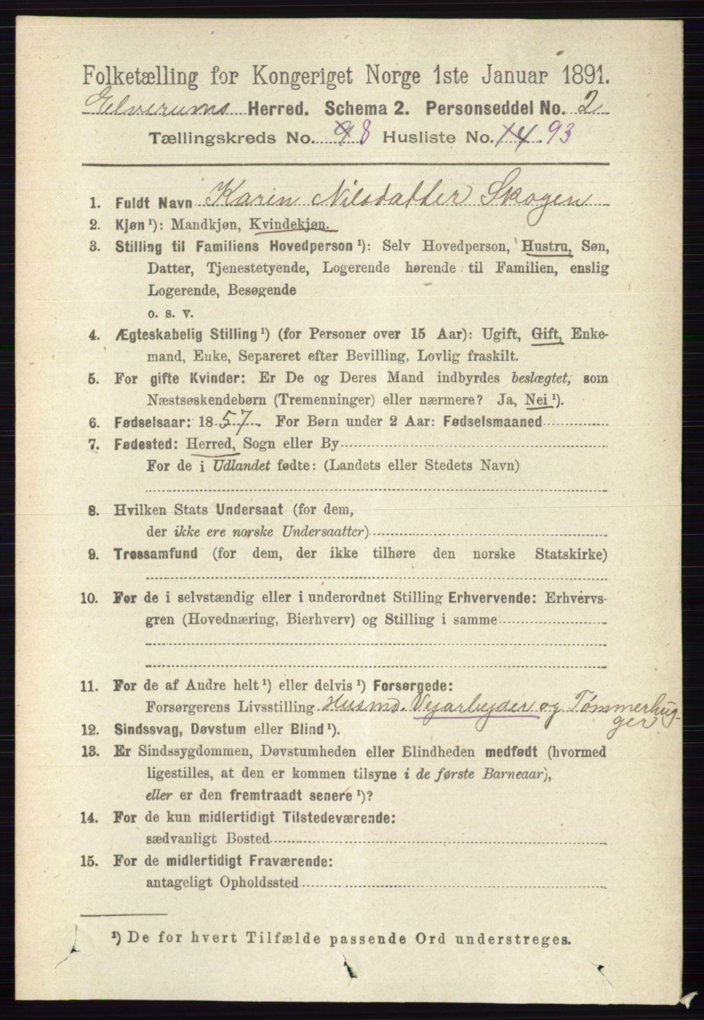 RA, 1891 census for 0427 Elverum, 1891, p. 7598