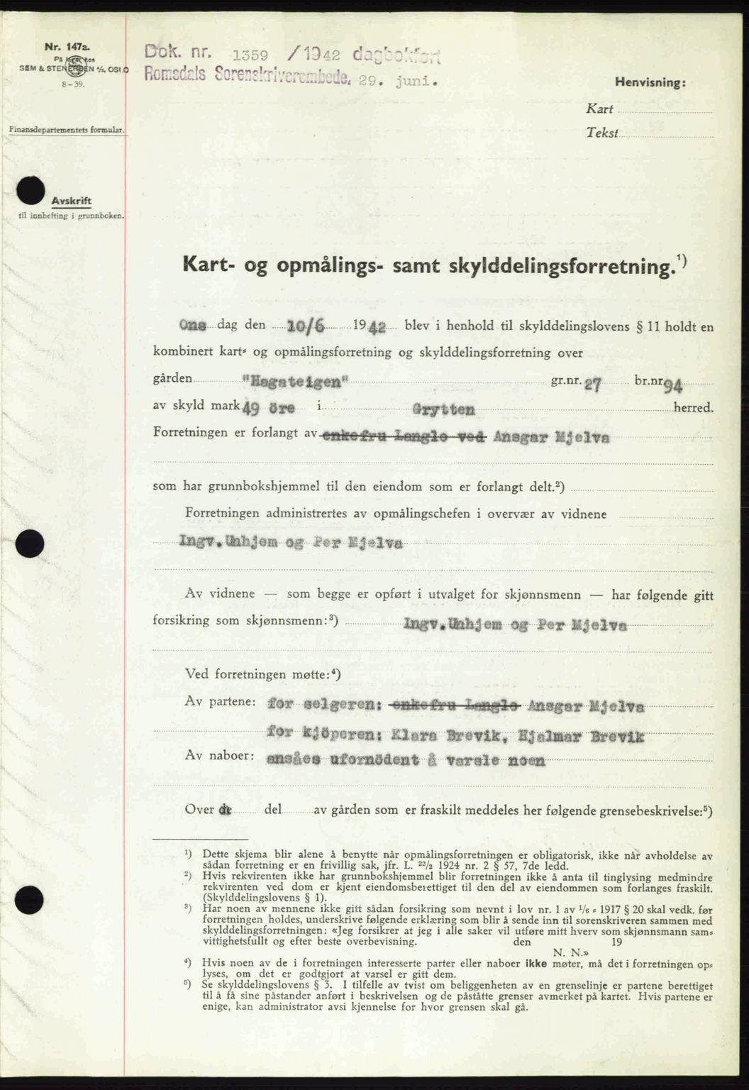 Romsdal sorenskriveri, AV/SAT-A-4149/1/2/2C: Mortgage book no. A12, 1942-1942, Diary no: : 1359/1942