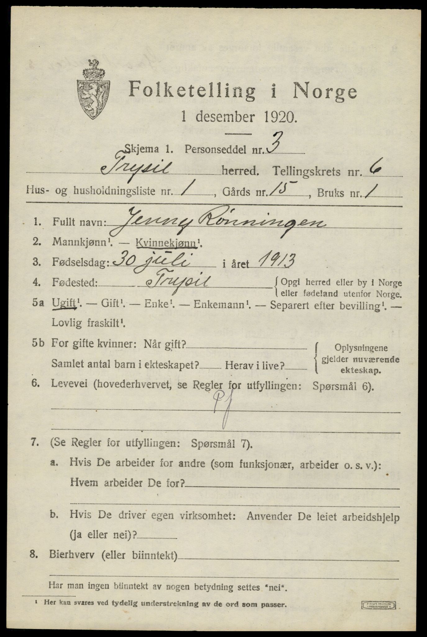 SAH, 1920 census for Trysil, 1920, p. 4533