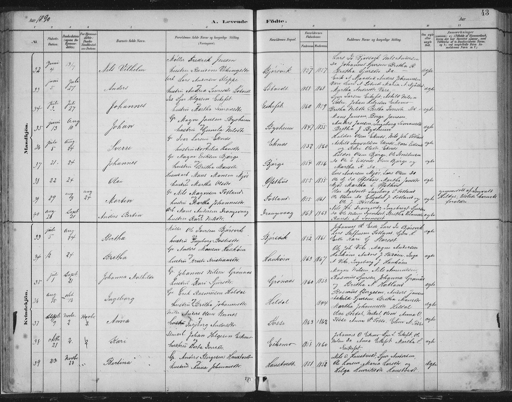 Hosanger sokneprestembete, SAB/A-75801/H/Hab: Parish register (copy) no. A 3 I, 1882-1903, p. 43