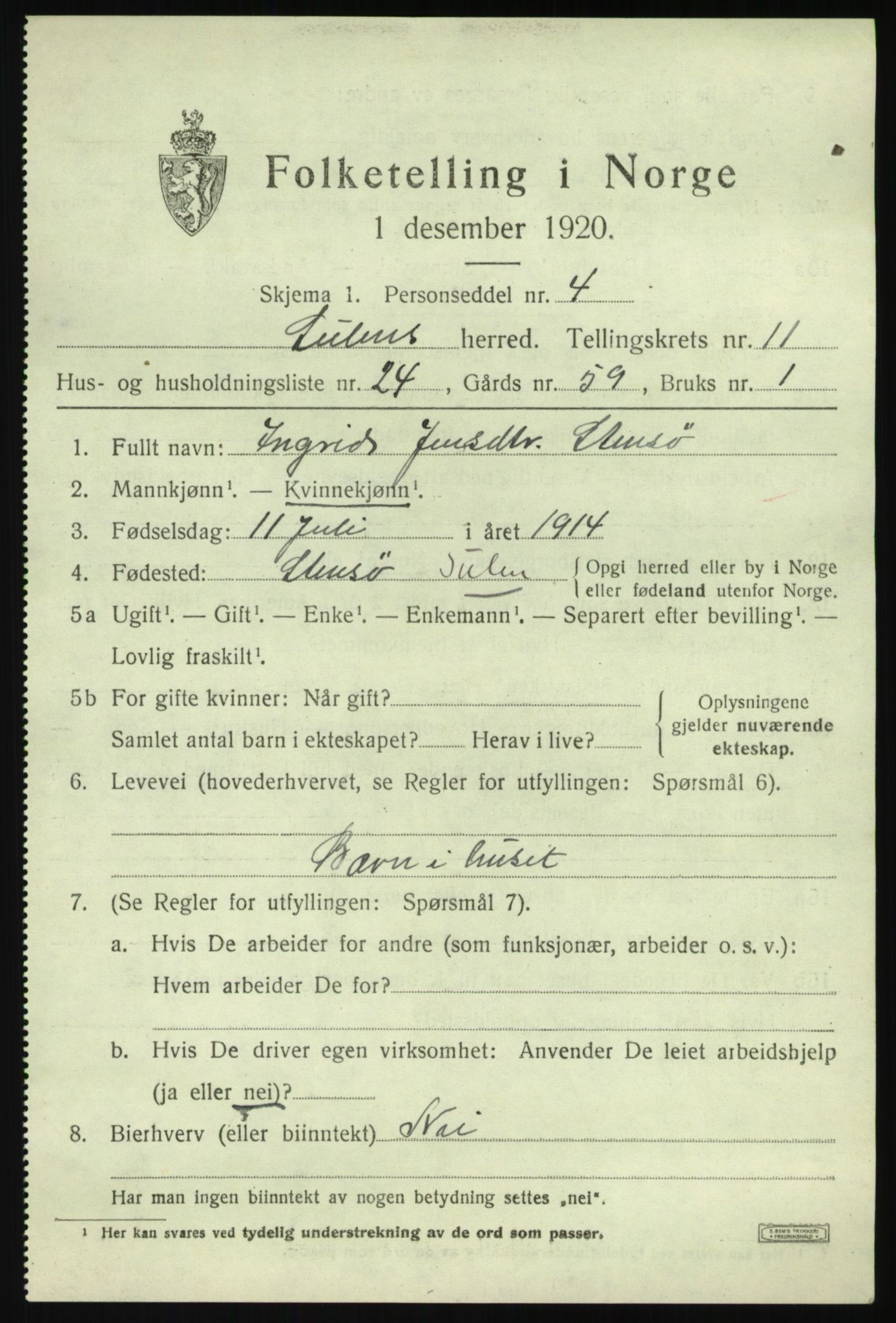 SAB, 1920 census for Solund, 1920, p. 4074