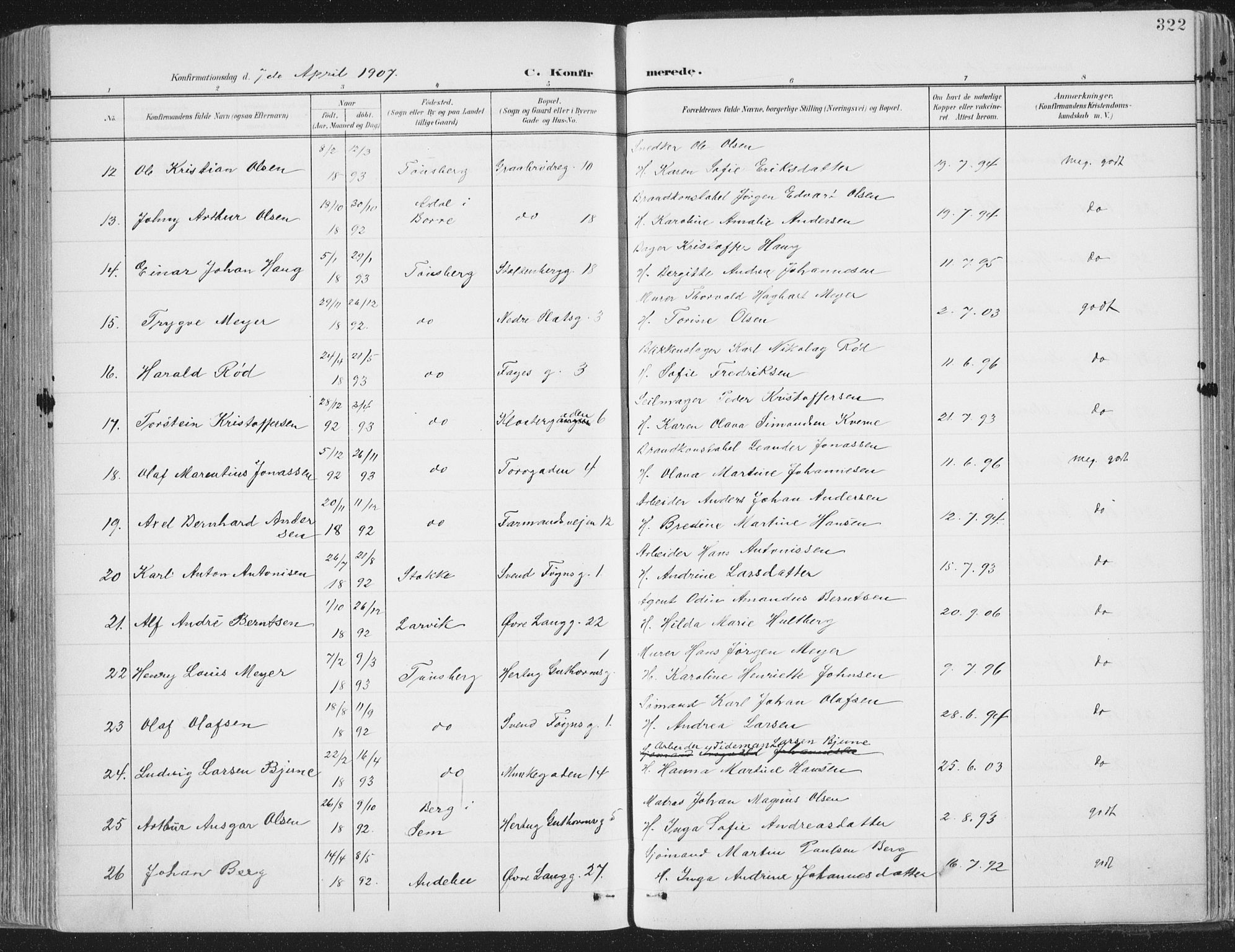 Tønsberg kirkebøker, SAKO/A-330/F/Fa/L0014: Parish register (official) no. I 14, 1900-1913, p. 322
