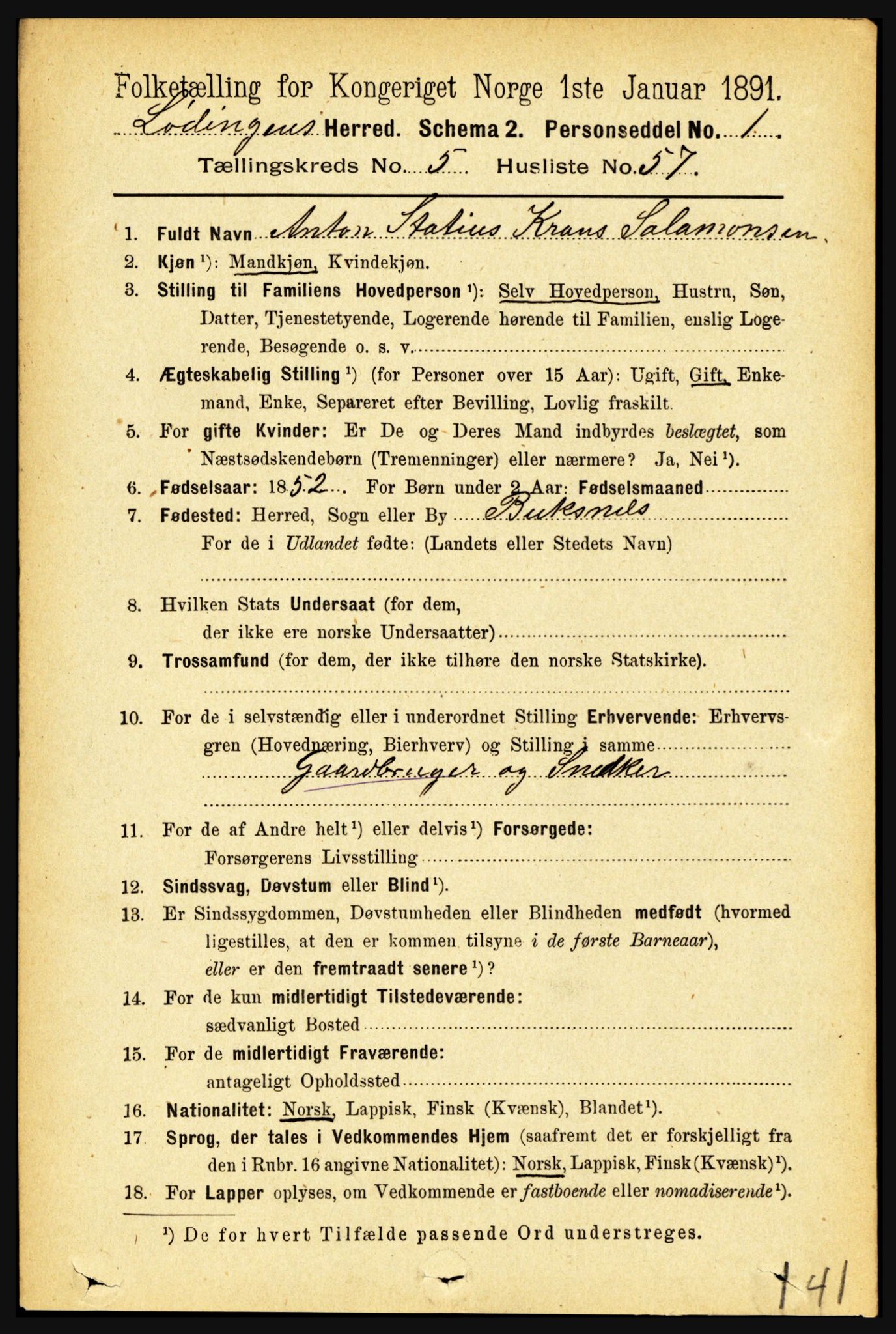 RA, 1891 census for 1851 Lødingen, 1891, p. 2665