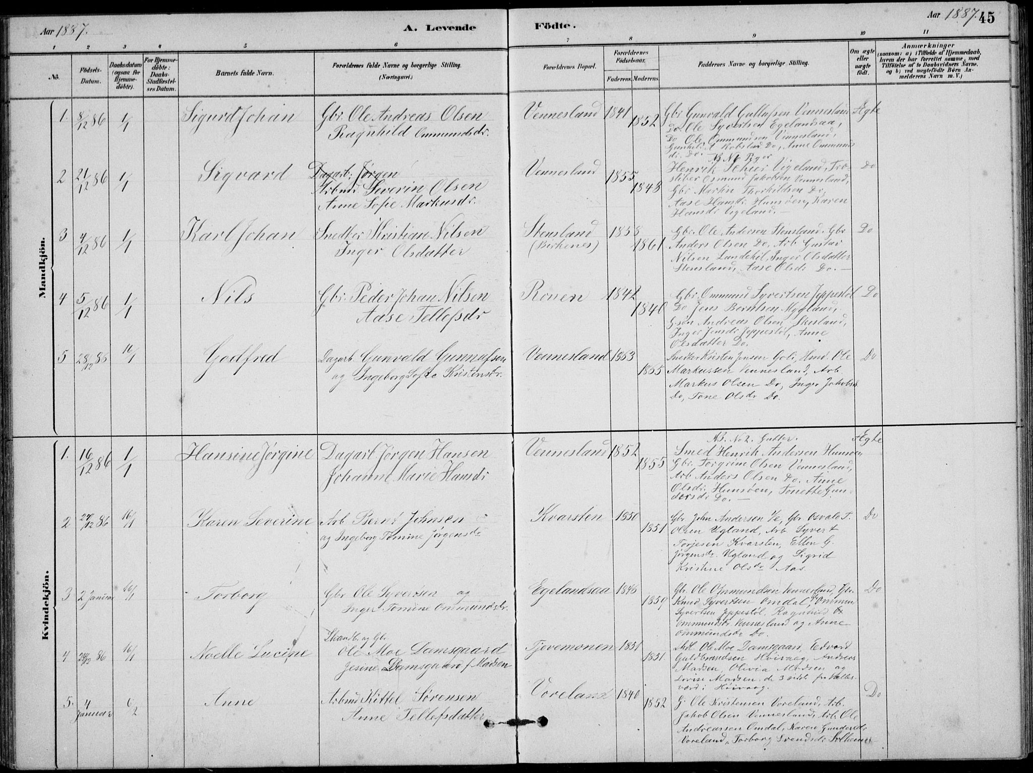 Vennesla sokneprestkontor, AV/SAK-1111-0045/Fb/Fbb/L0003: Parish register (copy) no. B 3, 1879-1893, p. 45