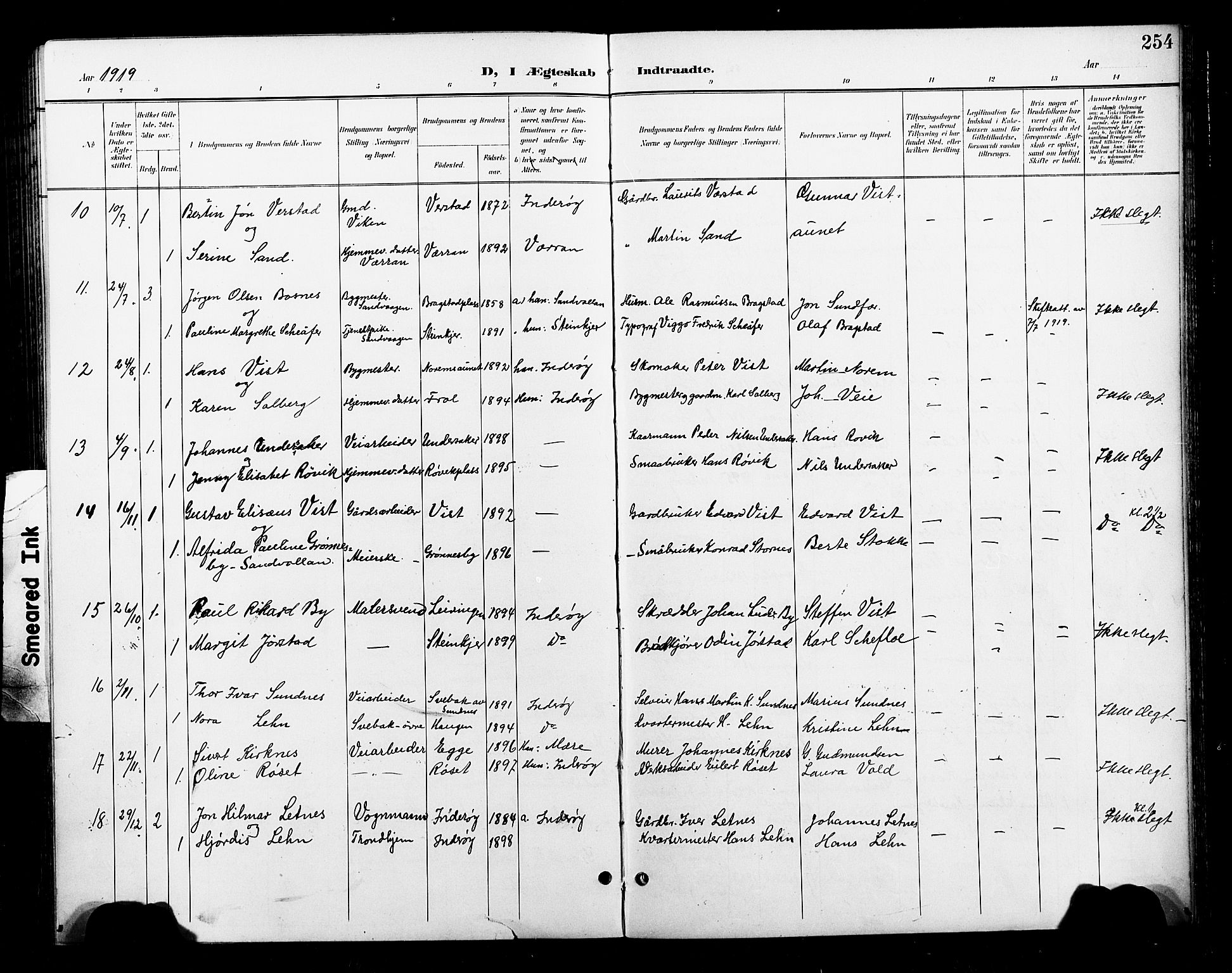 Ministerialprotokoller, klokkerbøker og fødselsregistre - Nord-Trøndelag, AV/SAT-A-1458/730/L0302: Parish register (copy) no. 730C05, 1898-1924, p. 254