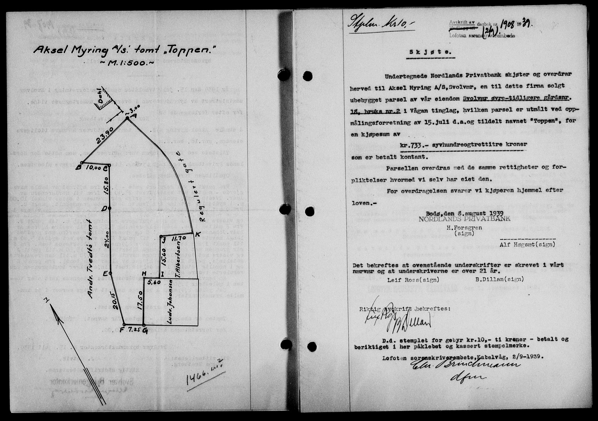 Lofoten sorenskriveri, SAT/A-0017/1/2/2C/L0006a: Mortgage book no. 6a, 1939-1939, Diary no: : 1908/1939