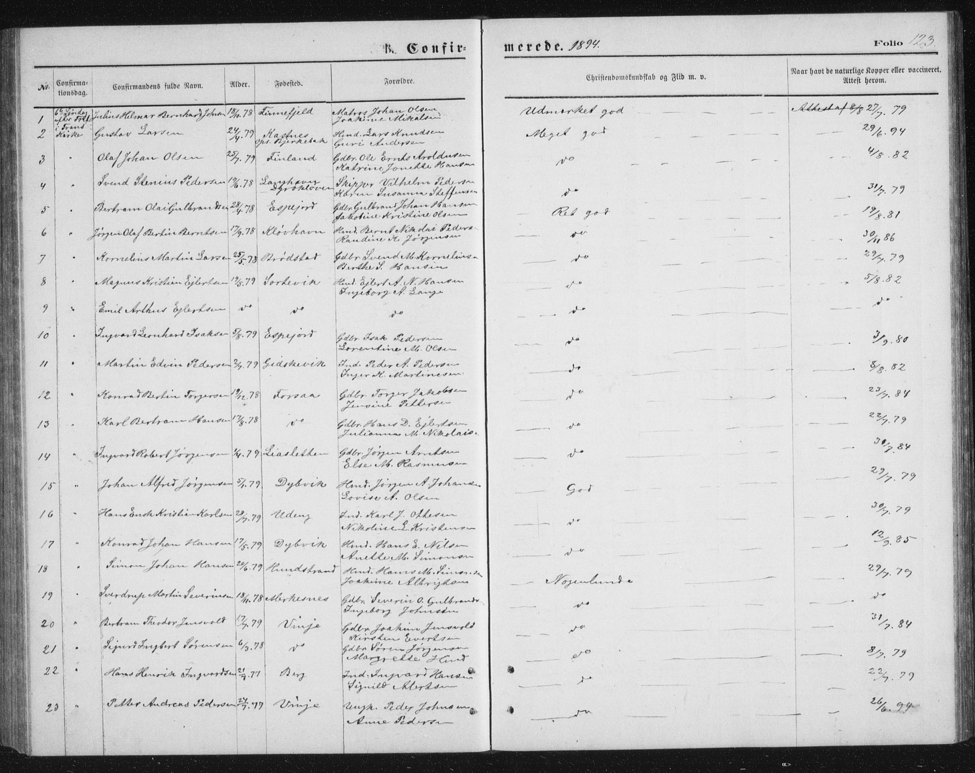 Tranøy sokneprestkontor, SATØ/S-1313/I/Ia/Iab/L0013klokker: Parish register (copy) no. 13, 1874-1896, p. 123