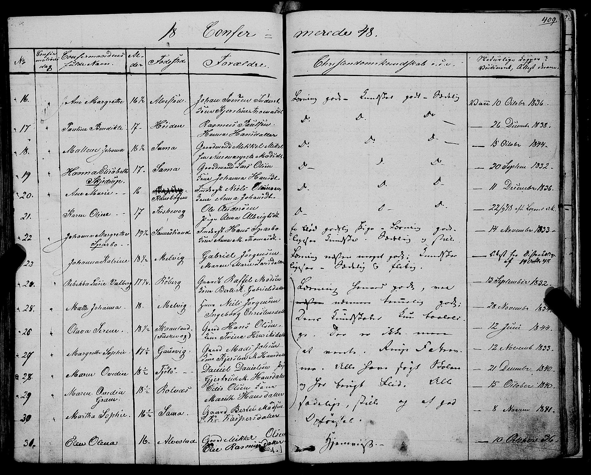 Trondenes sokneprestkontor, AV/SATØ-S-1319/H/Ha/L0009kirke: Parish register (official) no. 9, 1841-1852, p. 409