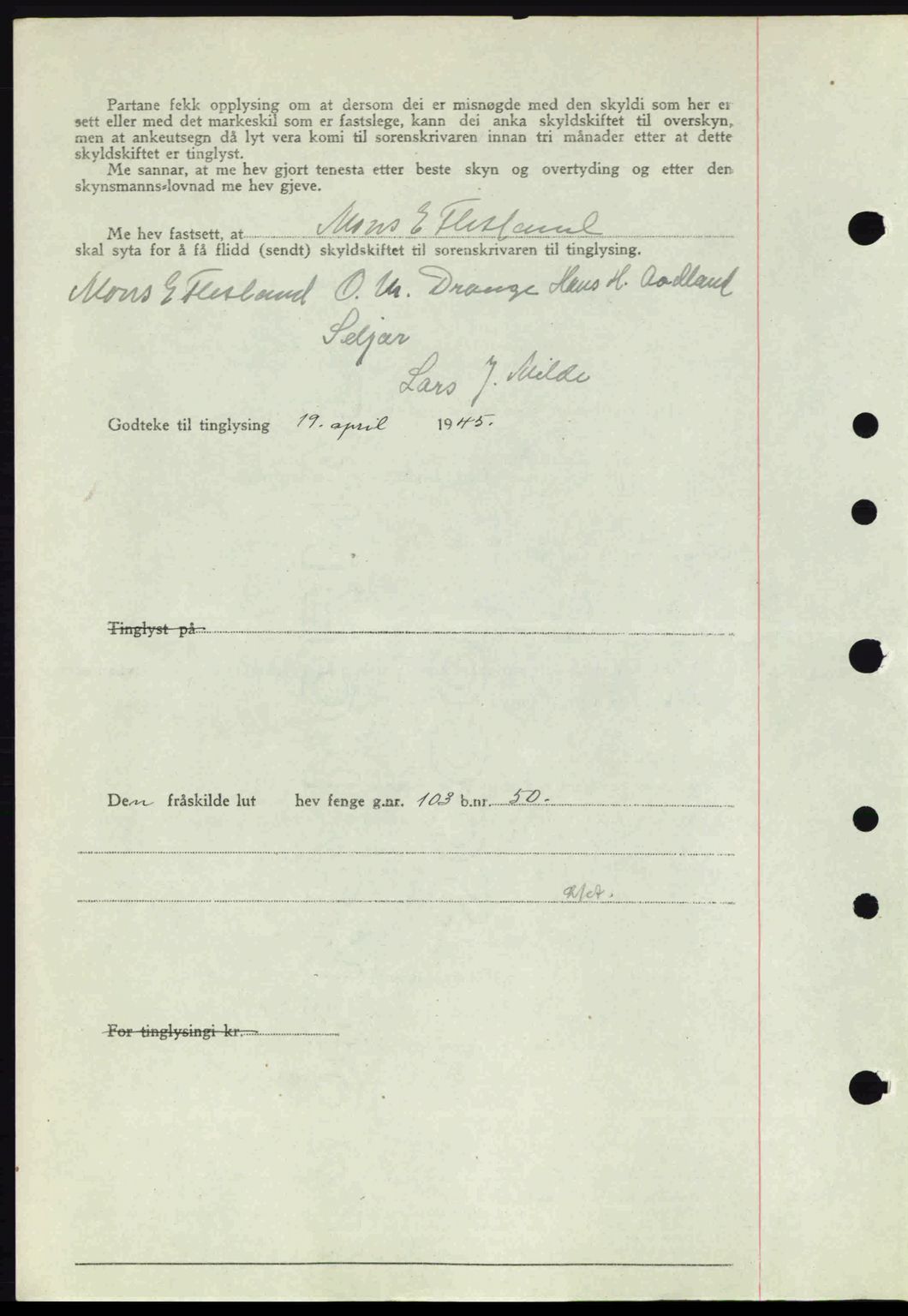 Midhordland sorenskriveri, SAB/A-3001/1/G/Gb/Gbj/L0019: Mortgage book no. A37-38, 1944-1945, Diary no: : 1169/1945