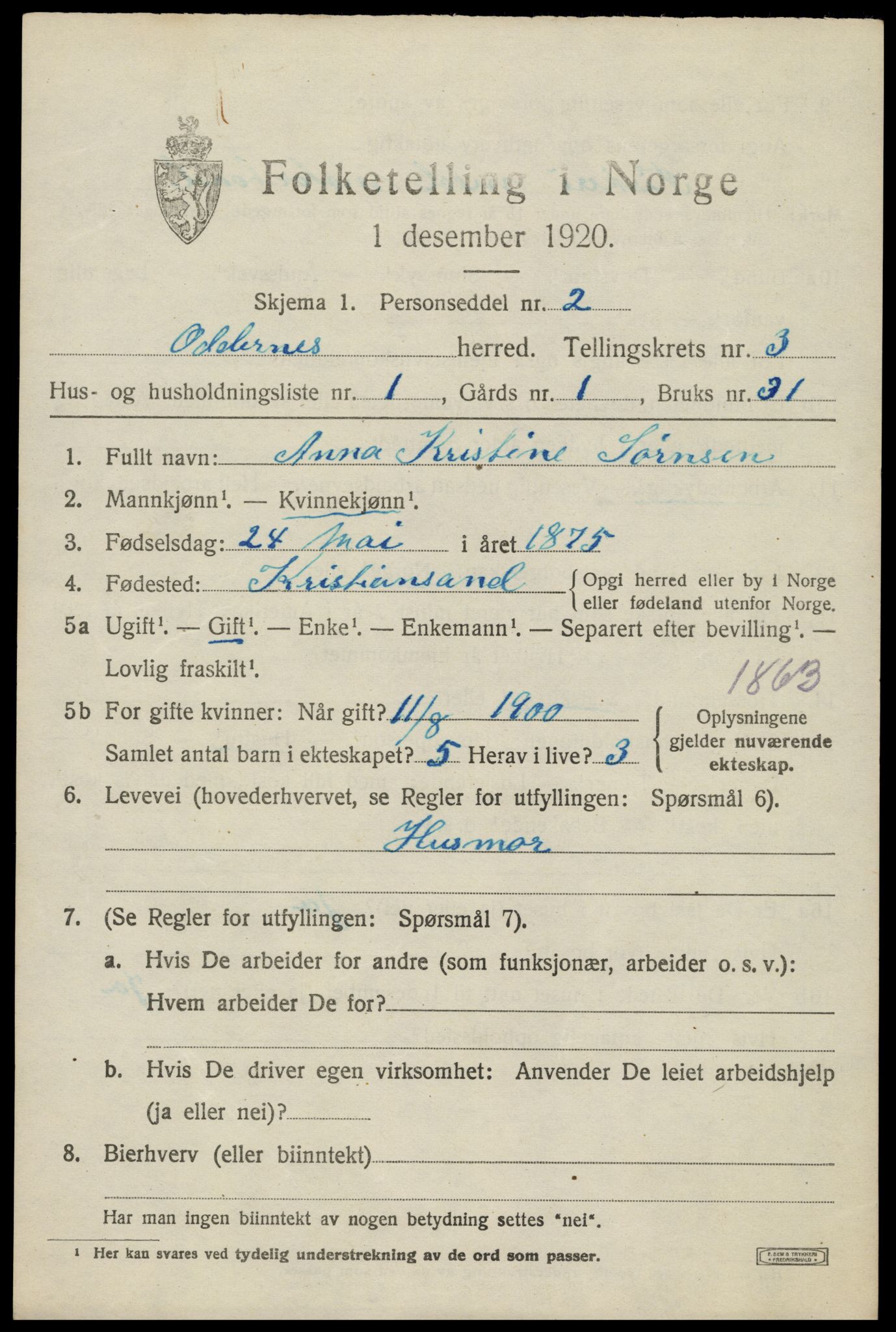 SAK, 1920 census for Oddernes, 1920, p. 3351