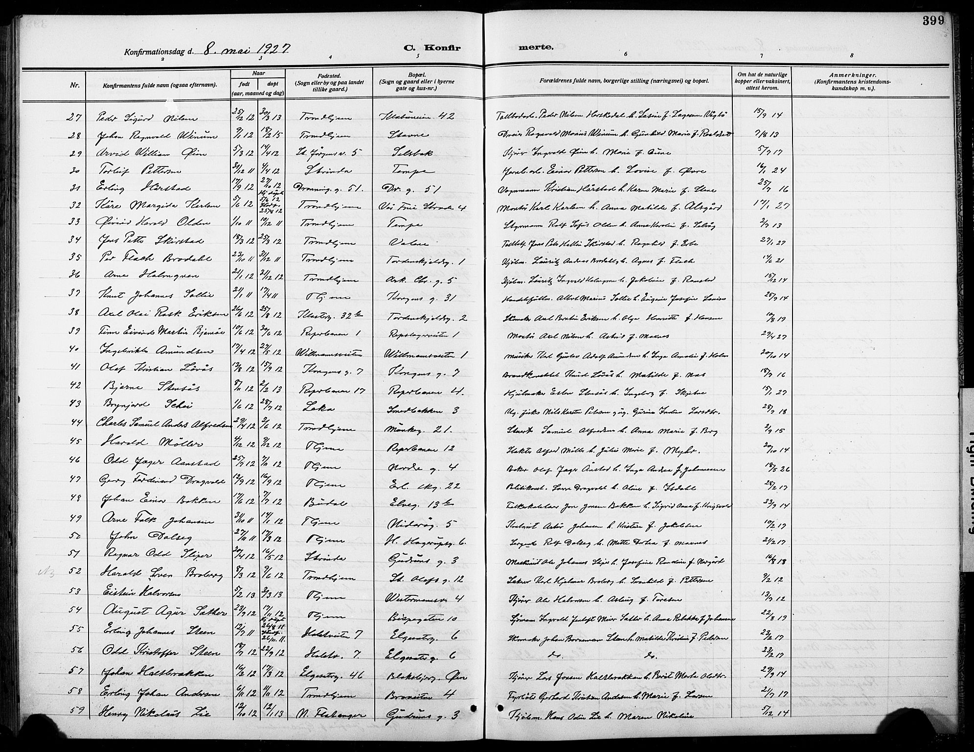 Ministerialprotokoller, klokkerbøker og fødselsregistre - Sør-Trøndelag, SAT/A-1456/601/L0096: Parish register (copy) no. 601C14, 1911-1931, p. 399
