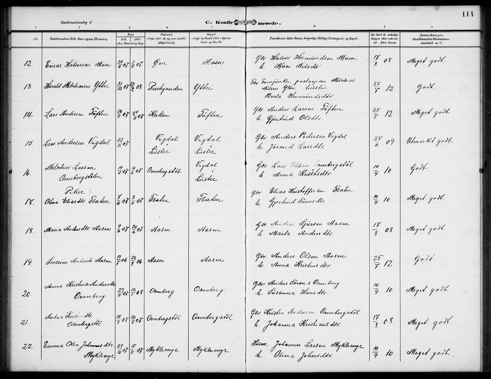 Jostedal sokneprestembete, AV/SAB-A-80601/H/Hab/Haba/L0002: Parish register (copy) no. A 2, 1907-1931, p. 114