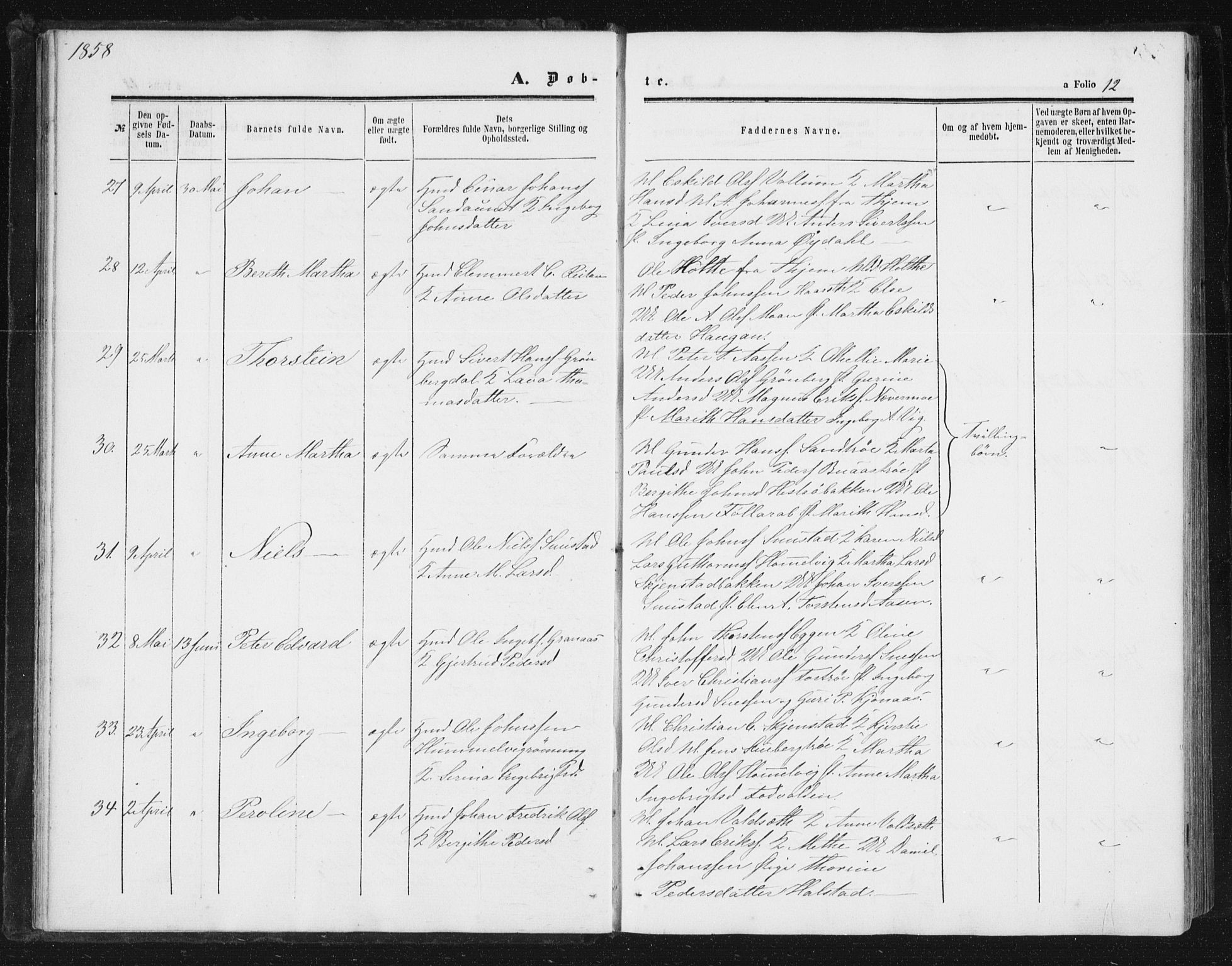 Ministerialprotokoller, klokkerbøker og fødselsregistre - Sør-Trøndelag, AV/SAT-A-1456/616/L0408: Parish register (official) no. 616A05, 1857-1865, p. 12