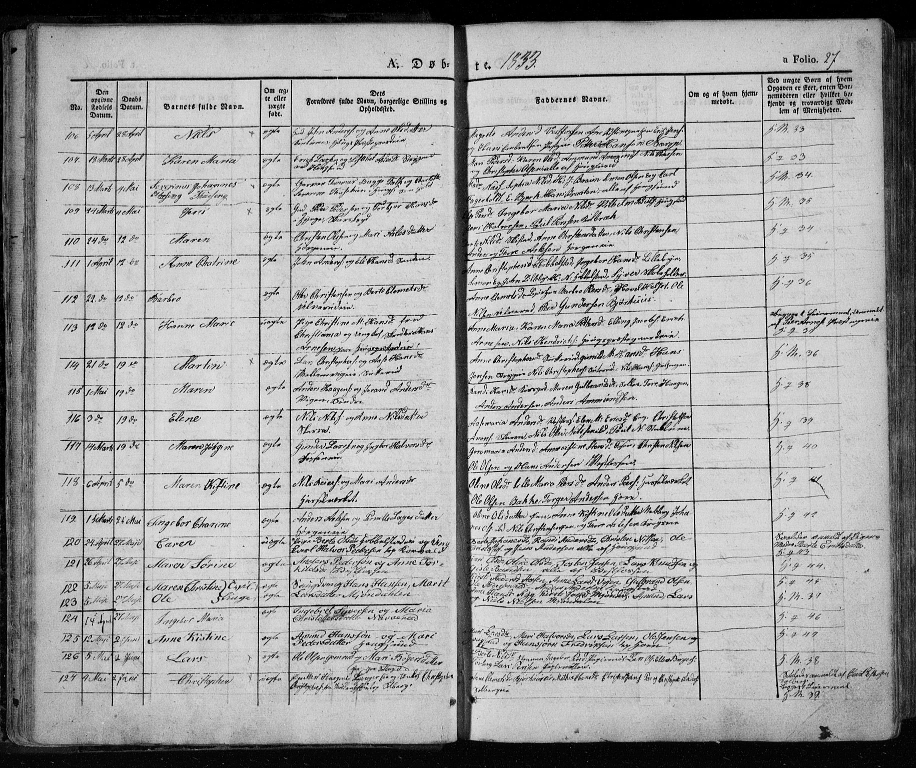 Eiker kirkebøker, SAKO/A-4/F/Fa/L0013a: Parish register (official) no. I 13A, 1832-1845, p. 27